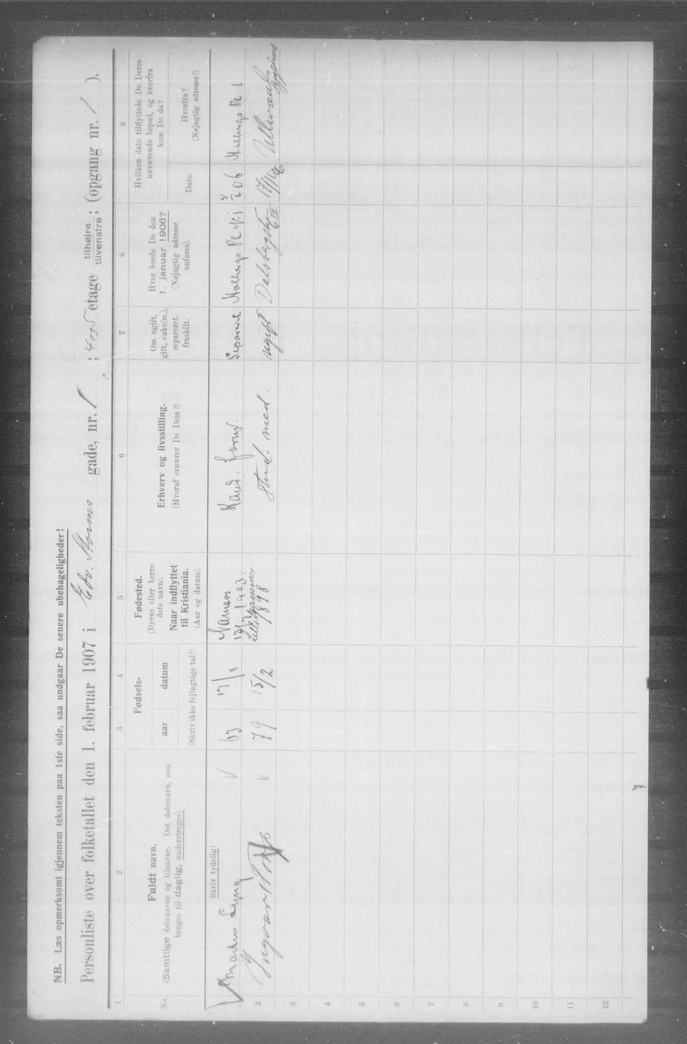 OBA, Municipal Census 1907 for Kristiania, 1907, p. 9525