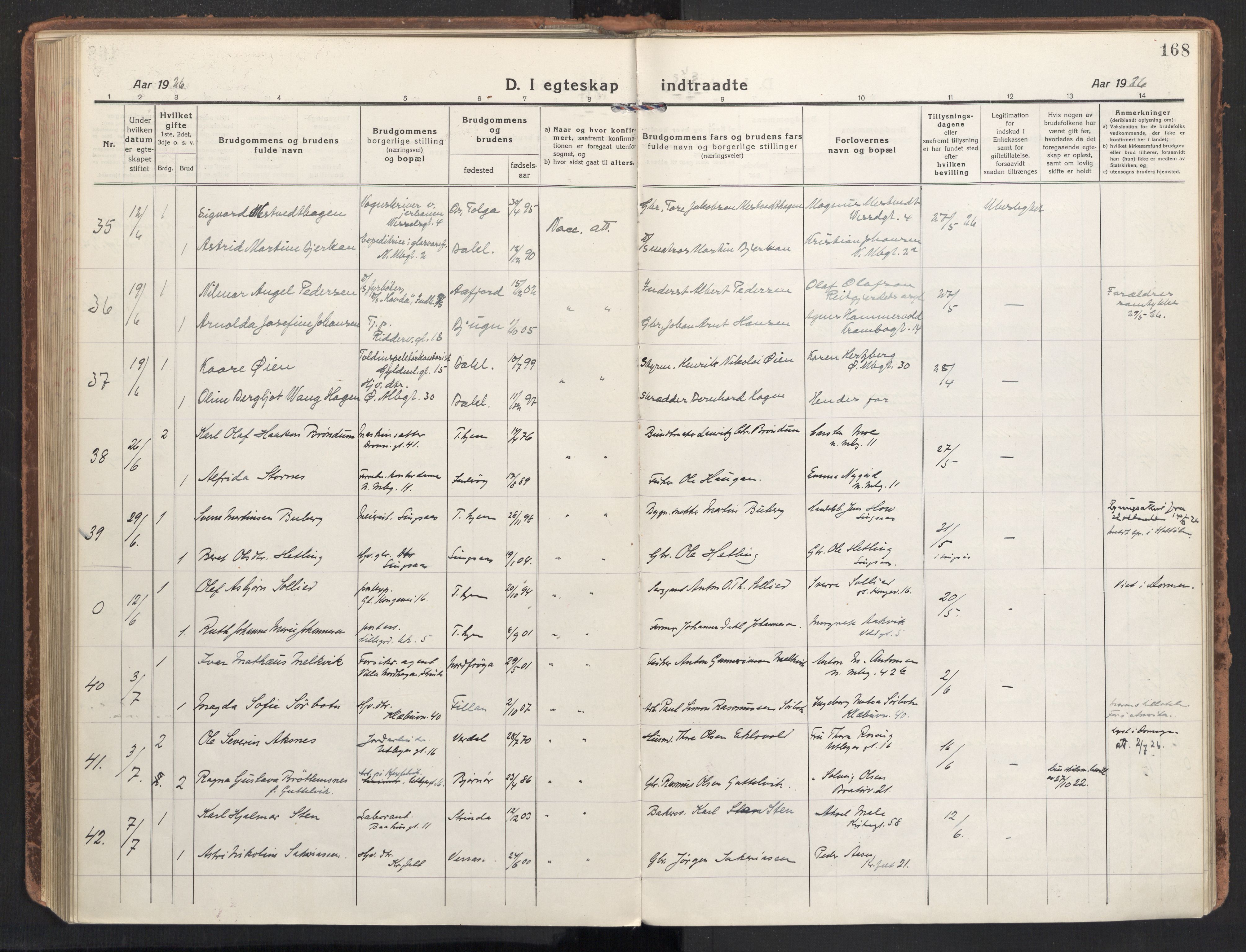 Ministerialprotokoller, klokkerbøker og fødselsregistre - Sør-Trøndelag, AV/SAT-A-1456/604/L0206: Parish register (official) no. 604A26, 1917-1931, p. 168