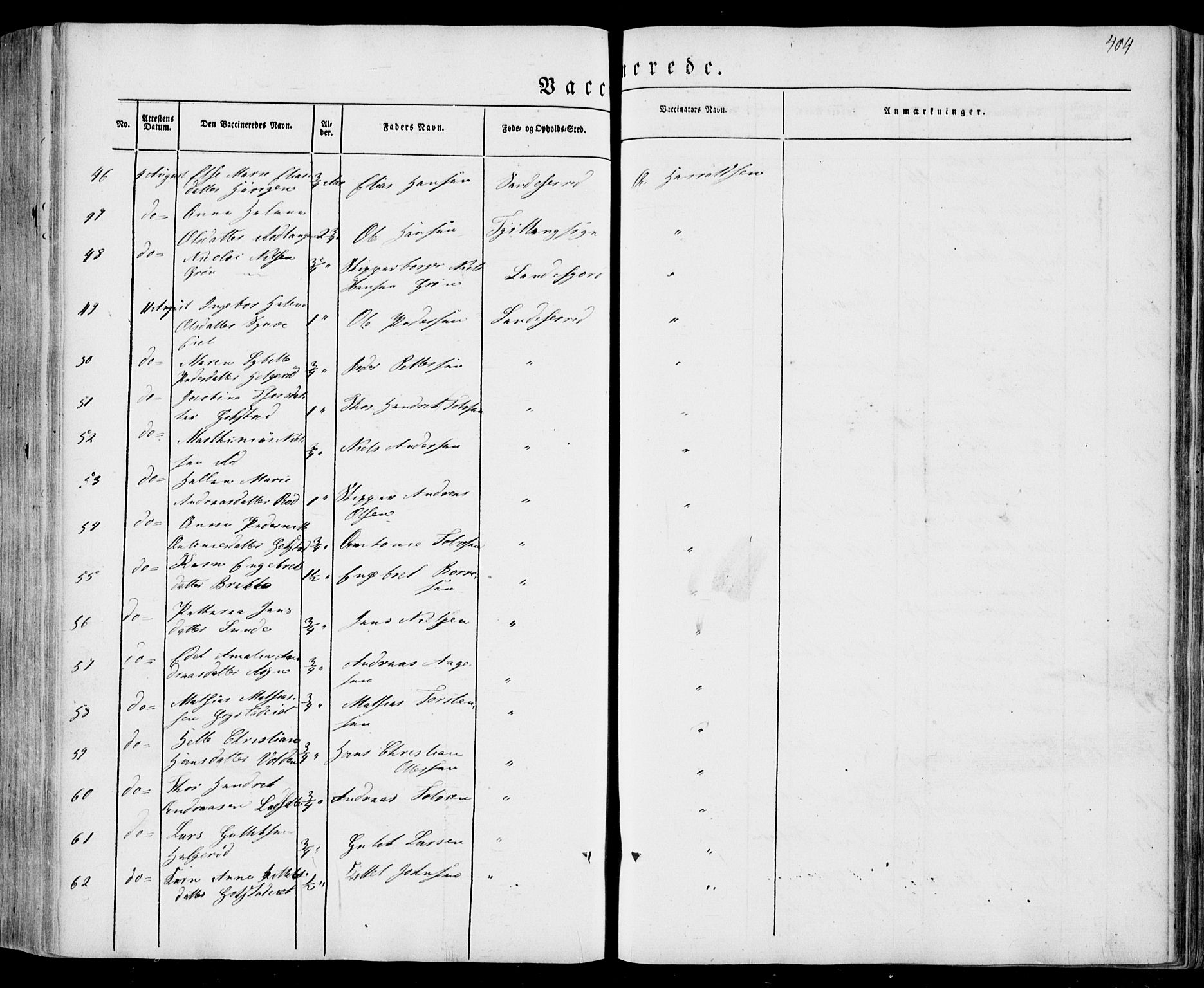 Sandar kirkebøker, AV/SAKO-A-243/F/Fa/L0006: Parish register (official) no. 6, 1847-1860, p. 404