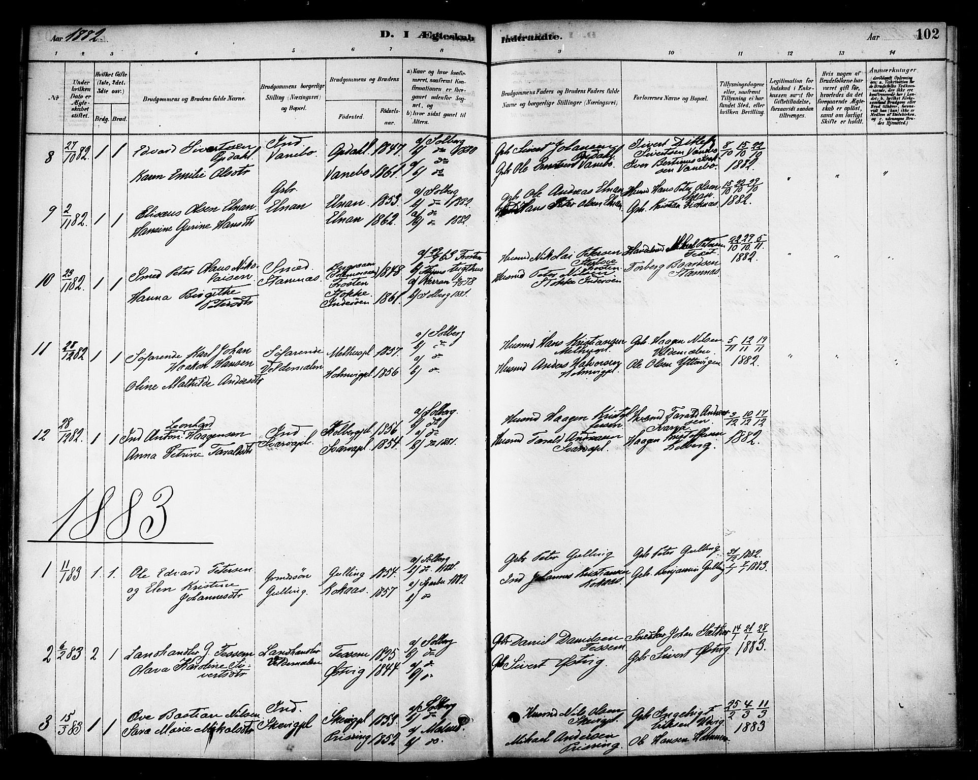 Ministerialprotokoller, klokkerbøker og fødselsregistre - Nord-Trøndelag, SAT/A-1458/741/L0395: Parish register (official) no. 741A09, 1878-1888, p. 102