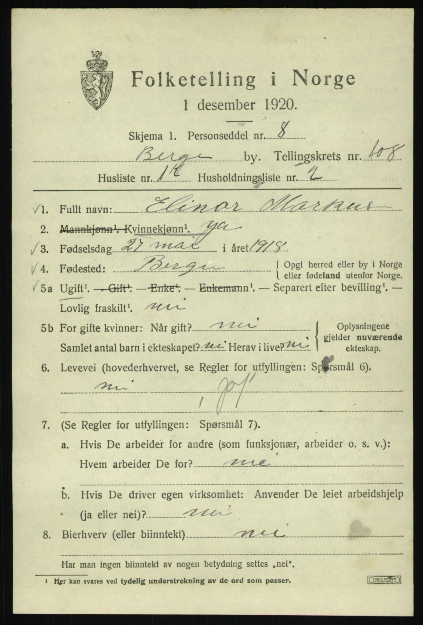 SAB, 1920 census for Bergen, 1920, p. 187140