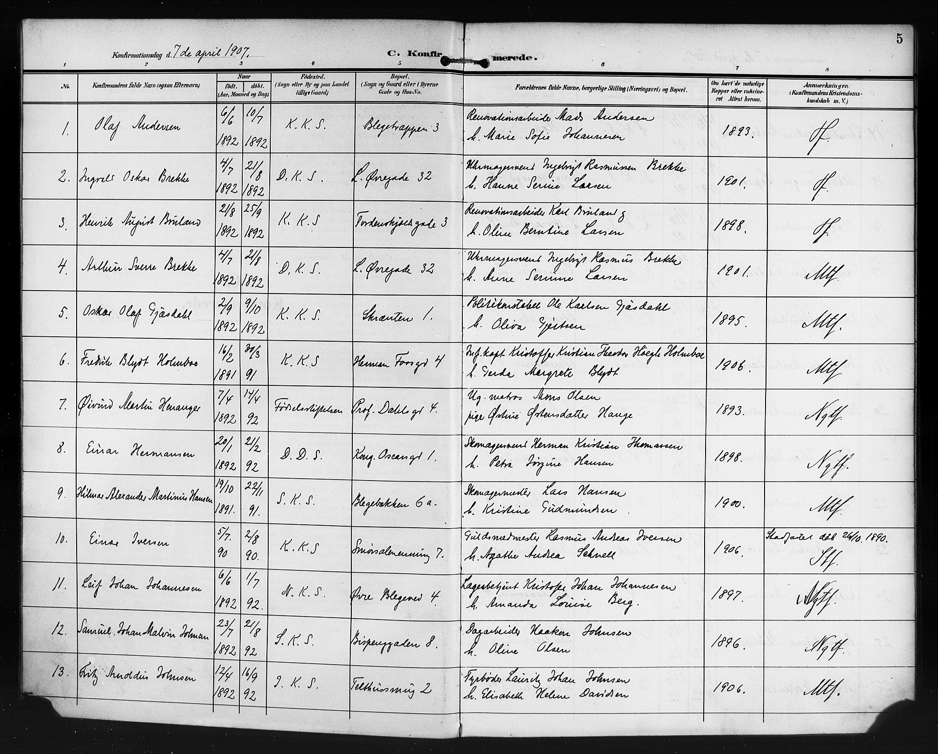 Korskirken sokneprestembete, AV/SAB-A-76101/H/Haa/L0031: Parish register (official) no. C 7, 1907-1921, p. 5