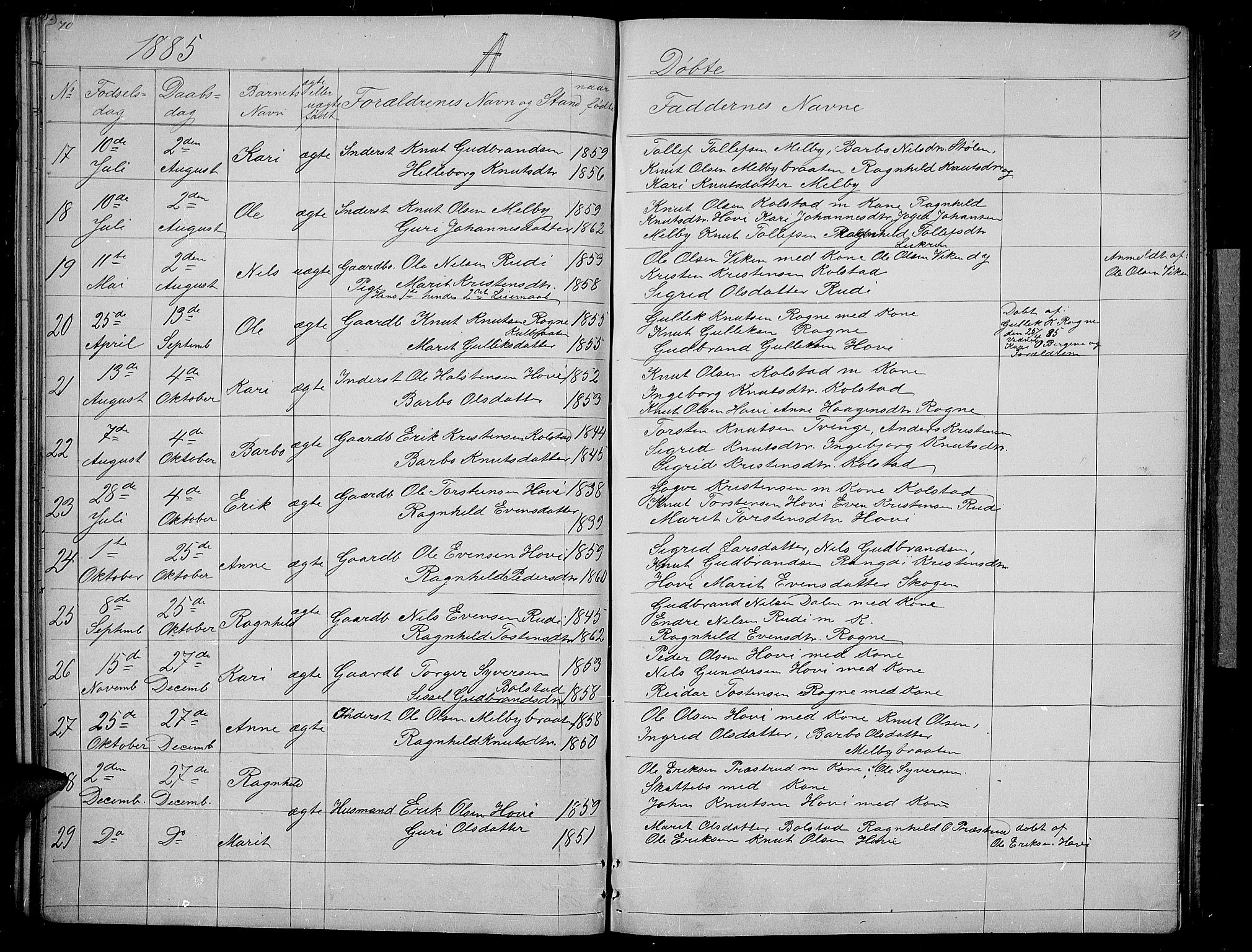 Øystre Slidre prestekontor, SAH/PREST-138/H/Ha/Hab/L0003: Parish register (copy) no. 3, 1866-1886, p. 70-71