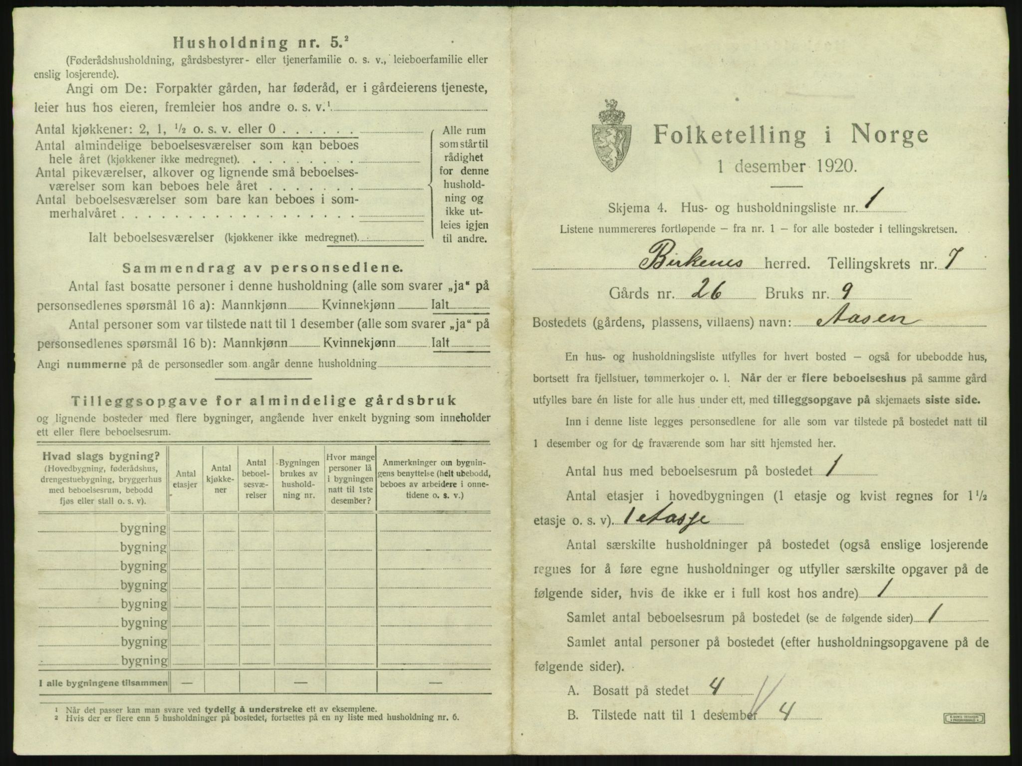 SAK, 1920 census for Birkenes, 1920, p. 627