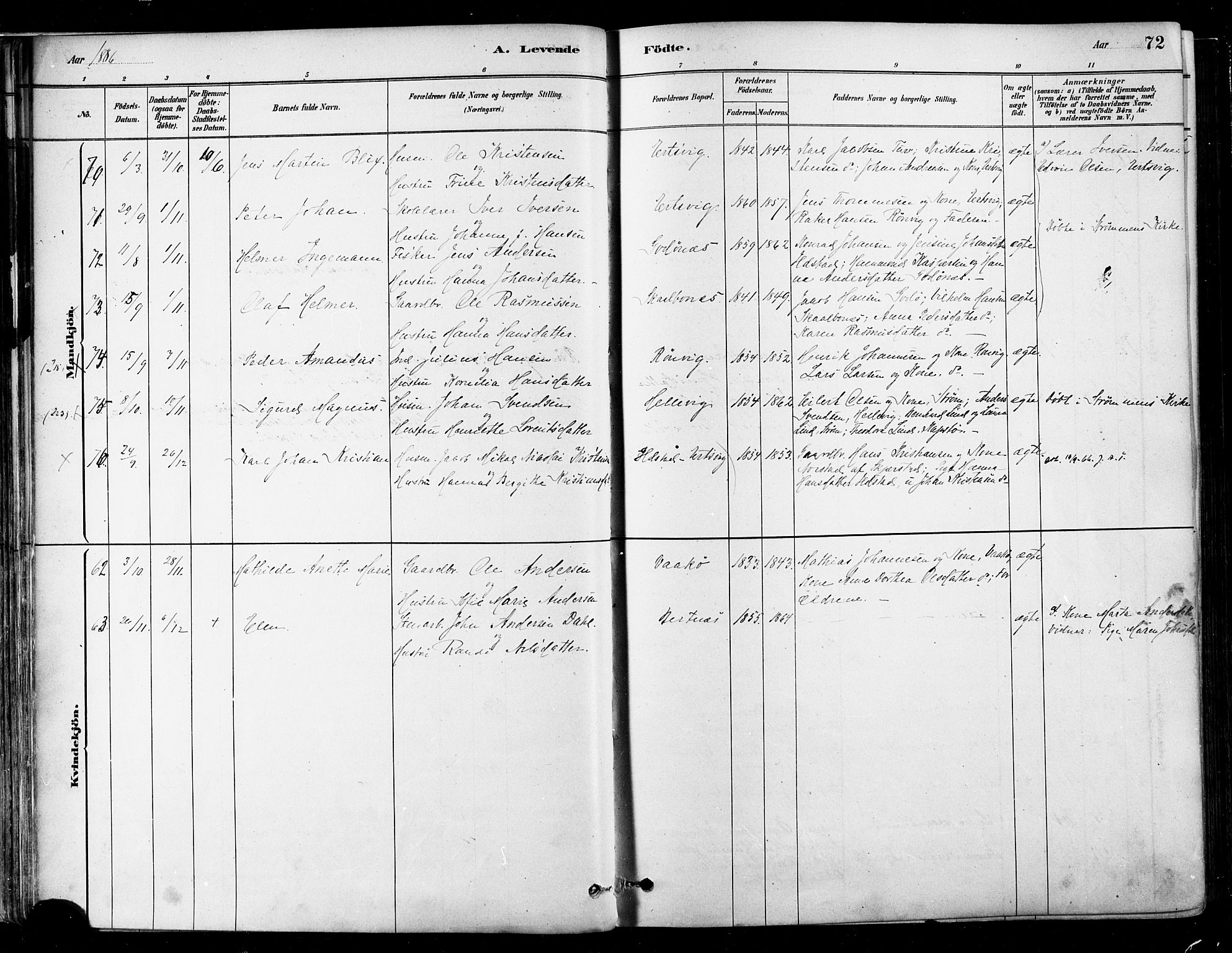 Ministerialprotokoller, klokkerbøker og fødselsregistre - Nordland, SAT/A-1459/802/L0054: Parish register (official) no. 802A01, 1879-1893, p. 72
