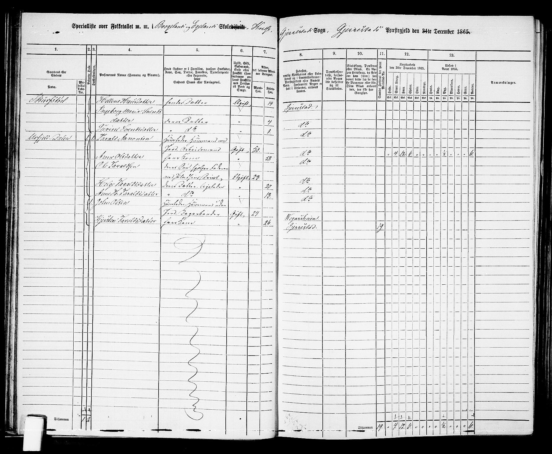 RA, 1865 census for Gjerstad, 1865, p. 30