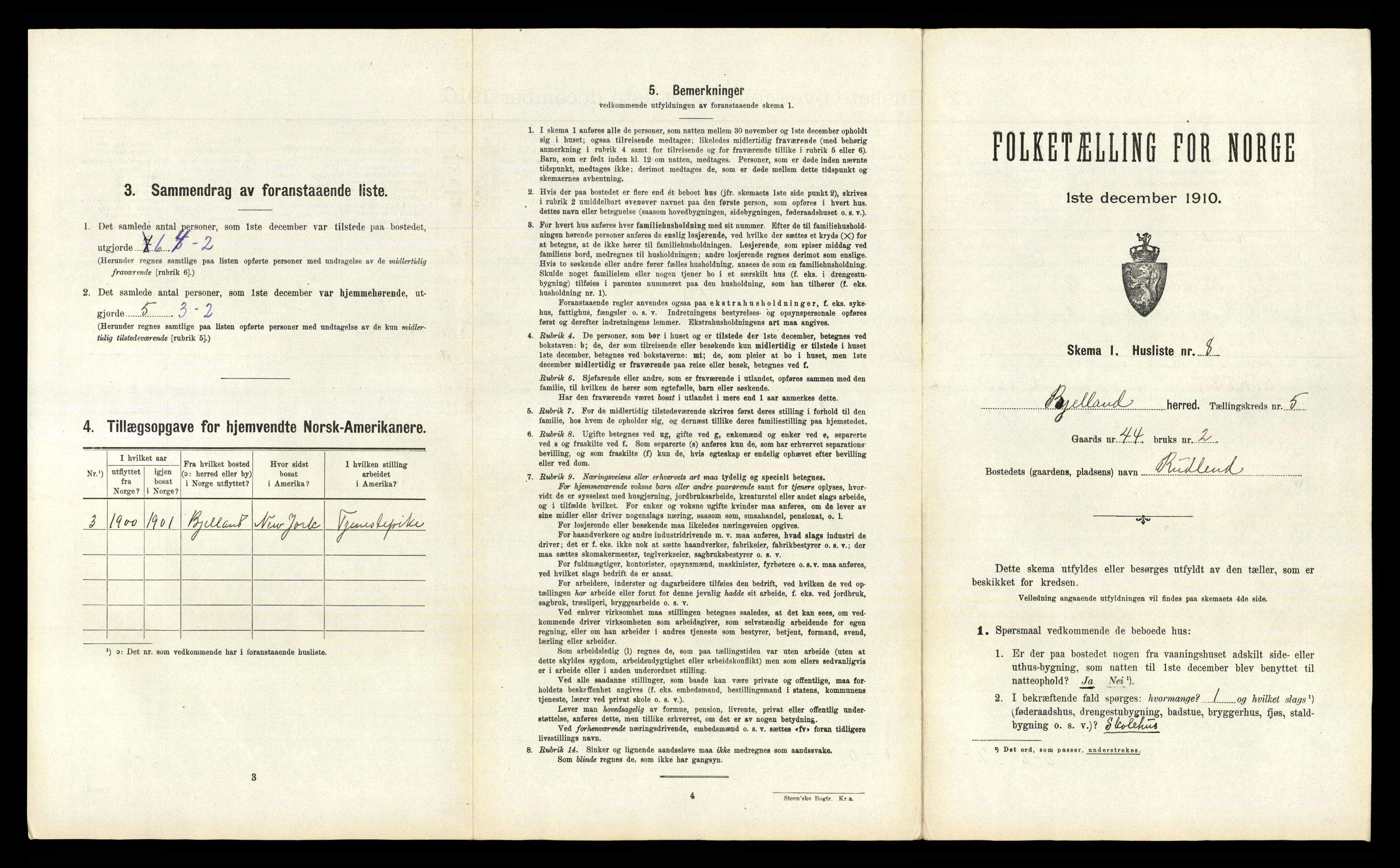 RA, 1910 census for Bjelland, 1910, p. 300
