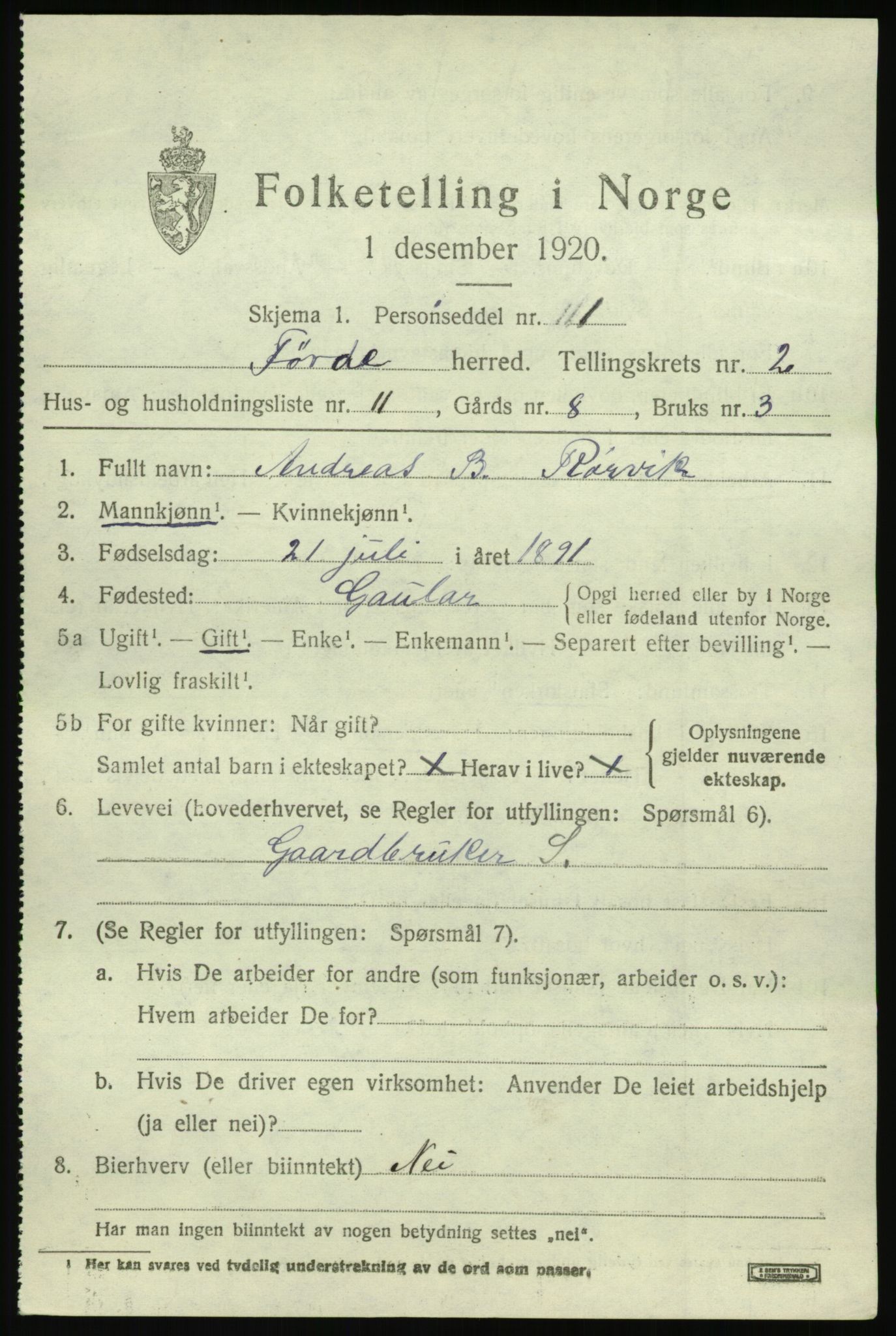 SAB, 1920 census for Førde, 1920, p. 1532