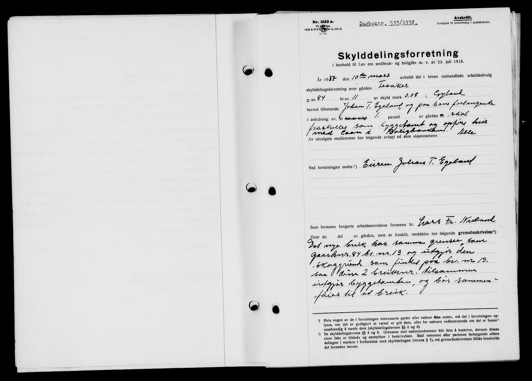 Flekkefjord sorenskriveri, SAK/1221-0001/G/Gb/Gba/L0054: Mortgage book no. A-2, 1937-1938, Diary no: : 533/1938