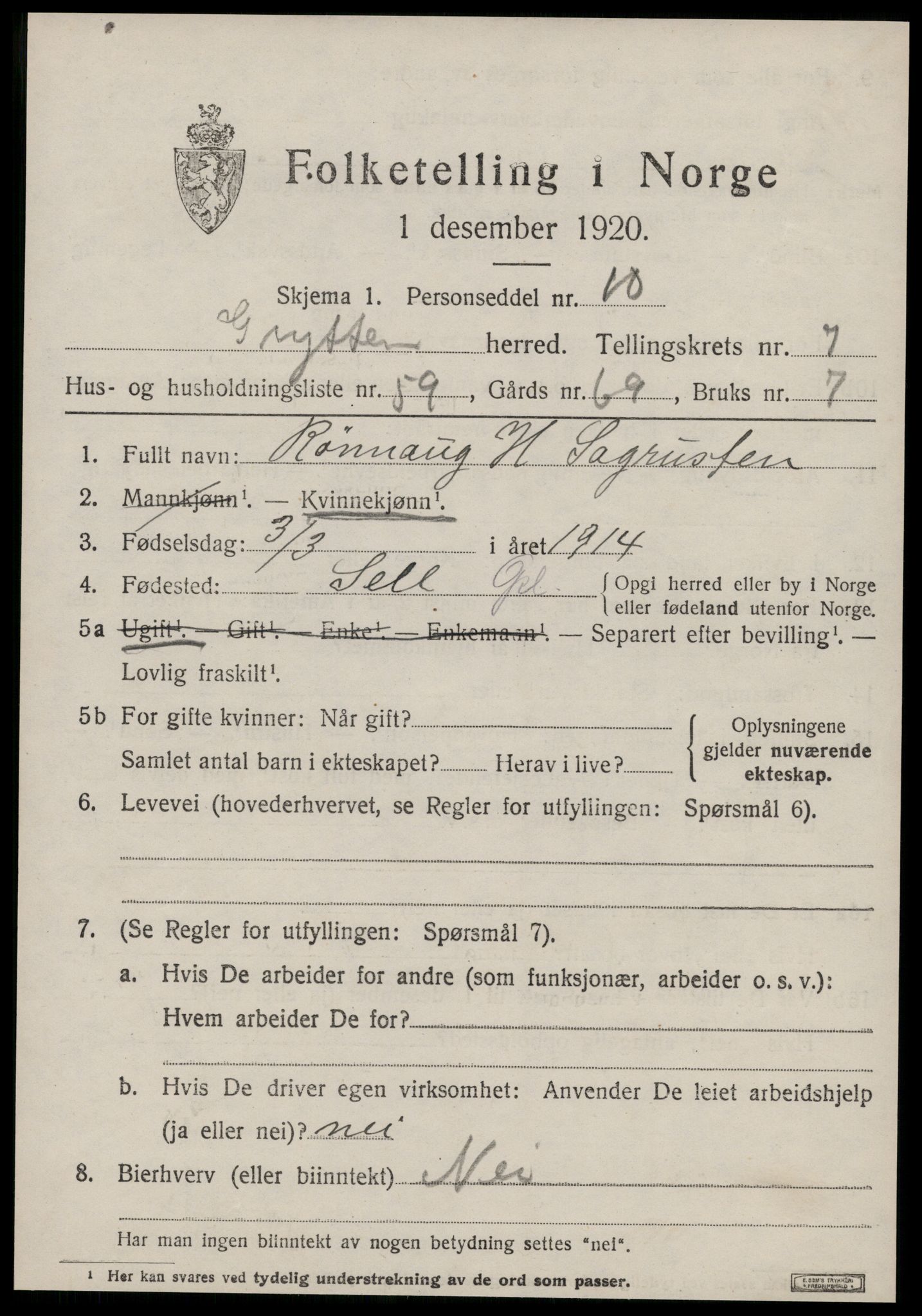 SAT, 1920 census for Grytten, 1920, p. 5824