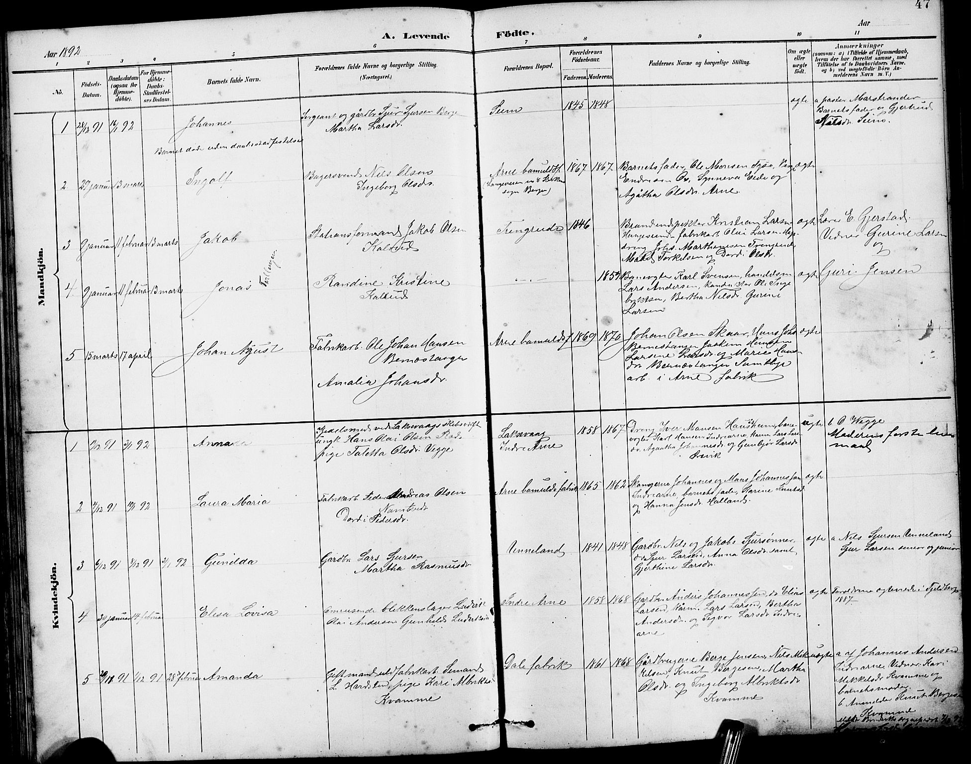 Arna sokneprestembete, AV/SAB-A-74001/H/Ha/Hab: Parish register (copy) no. A 3, 1887-1897, p. 47