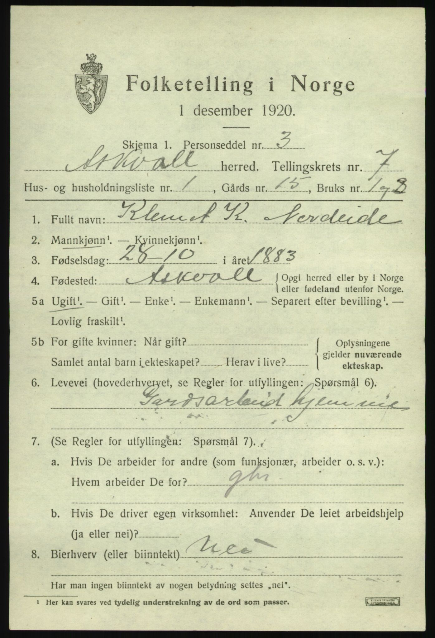 SAB, 1920 census for Askvoll, 1920, p. 3270