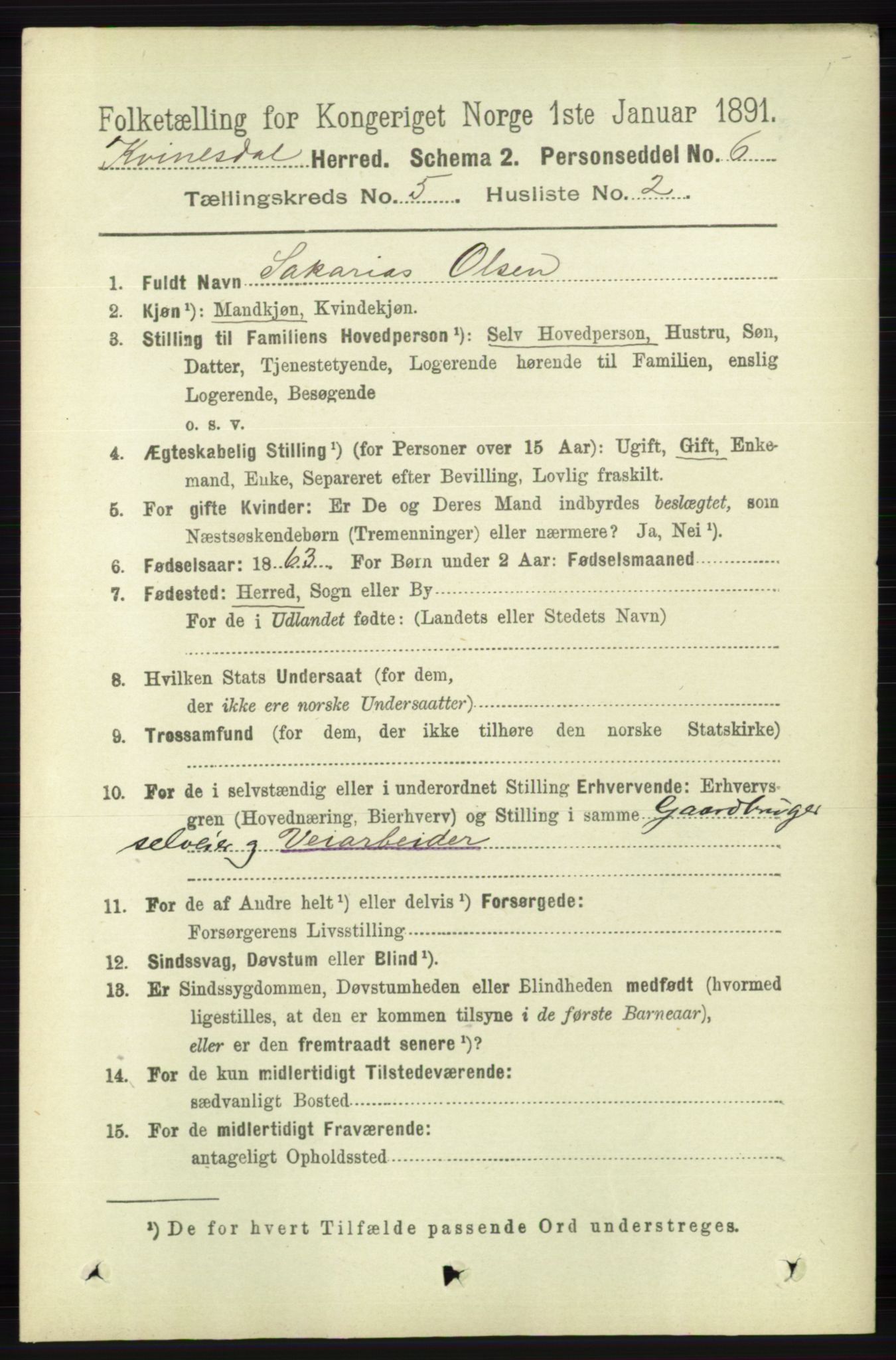 RA, 1891 census for 1037 Kvinesdal, 1891, p. 1708