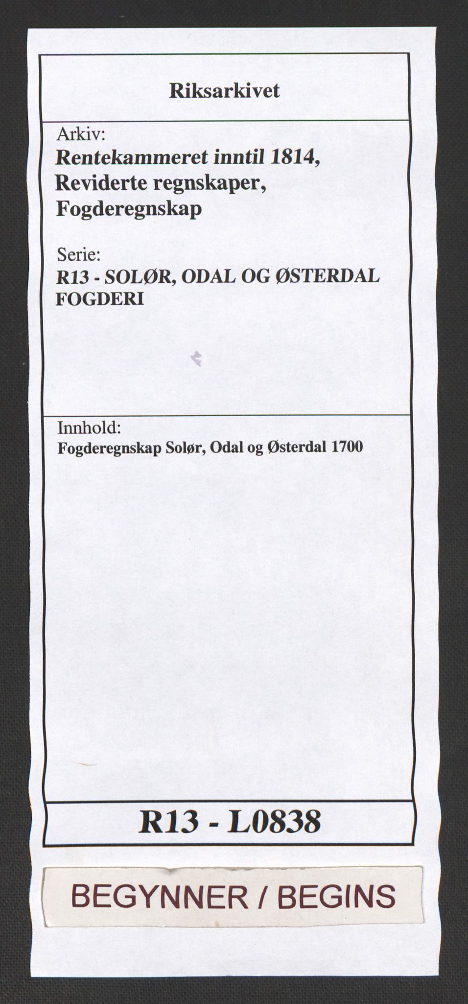 Rentekammeret inntil 1814, Reviderte regnskaper, Fogderegnskap, AV/RA-EA-4092/R13/L0838: Fogderegnskap Solør, Odal og Østerdal, 1700, p. 1