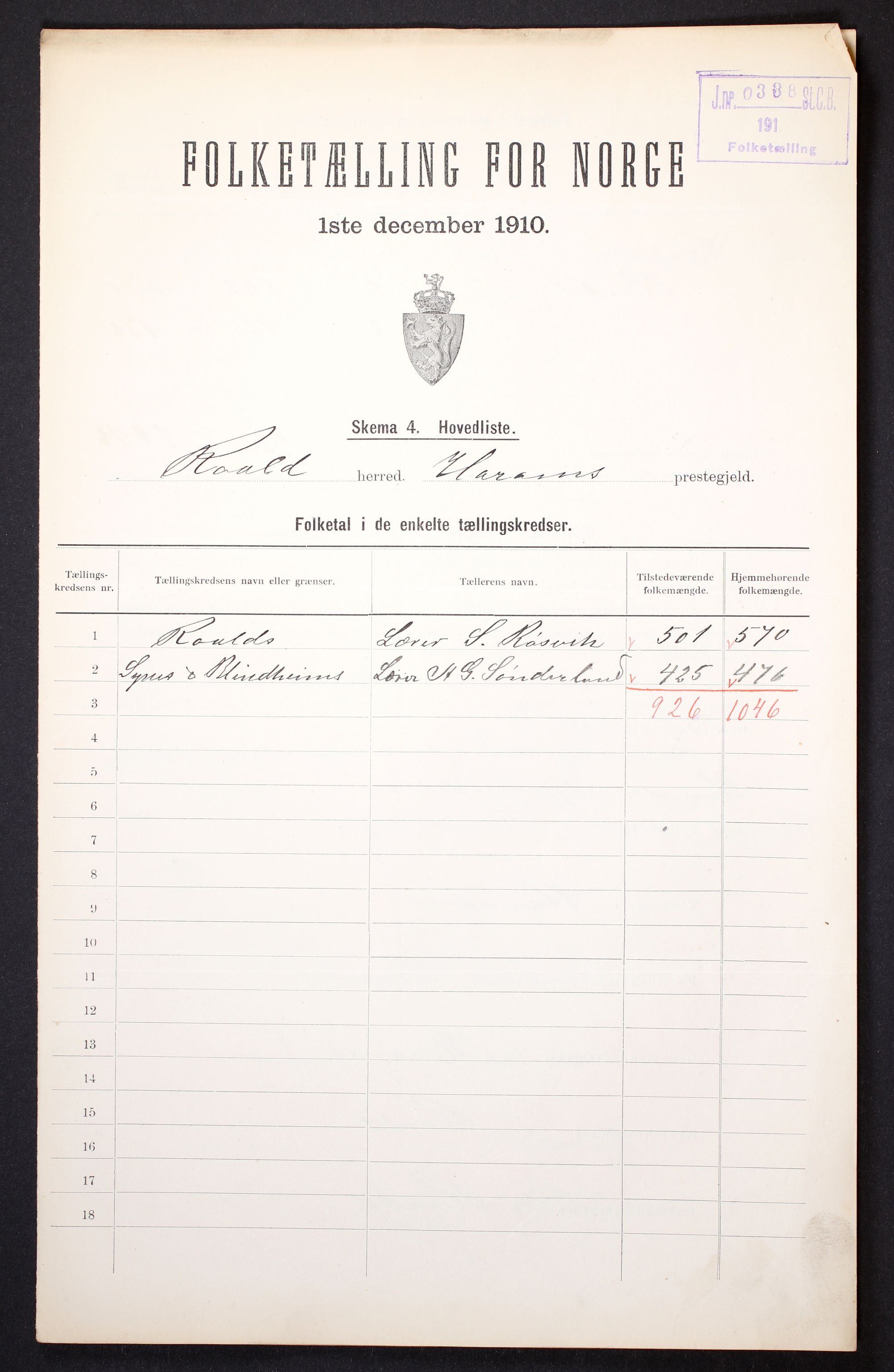 RA, 1910 census for Roald, 1910, p. 2