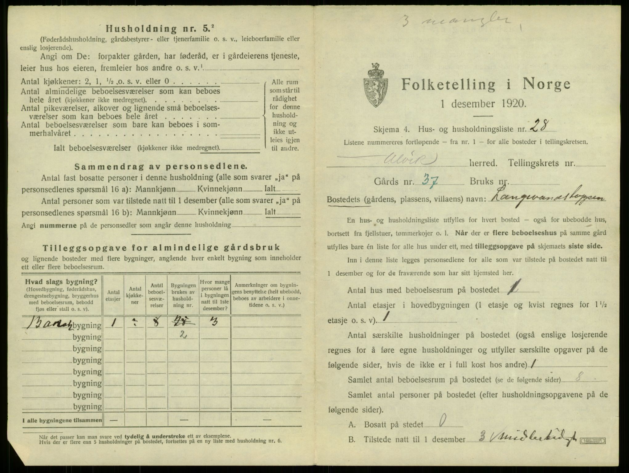 SAB, 1920 census for Ulvik, 1920, p. 85