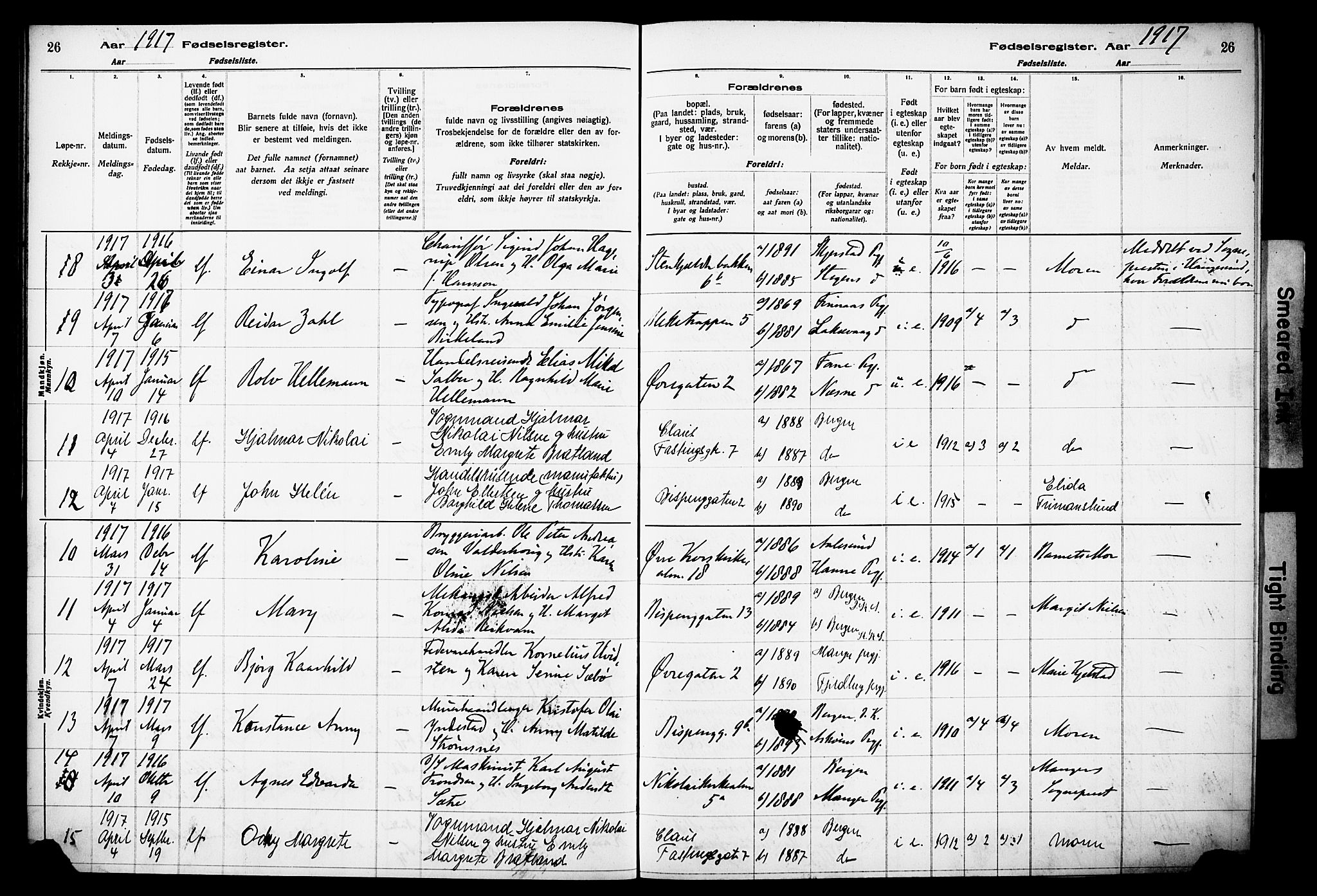 Korskirken sokneprestembete, AV/SAB-A-76101/I/Id/L00A1: Birth register no. A 1, 1916-1929, p. 26