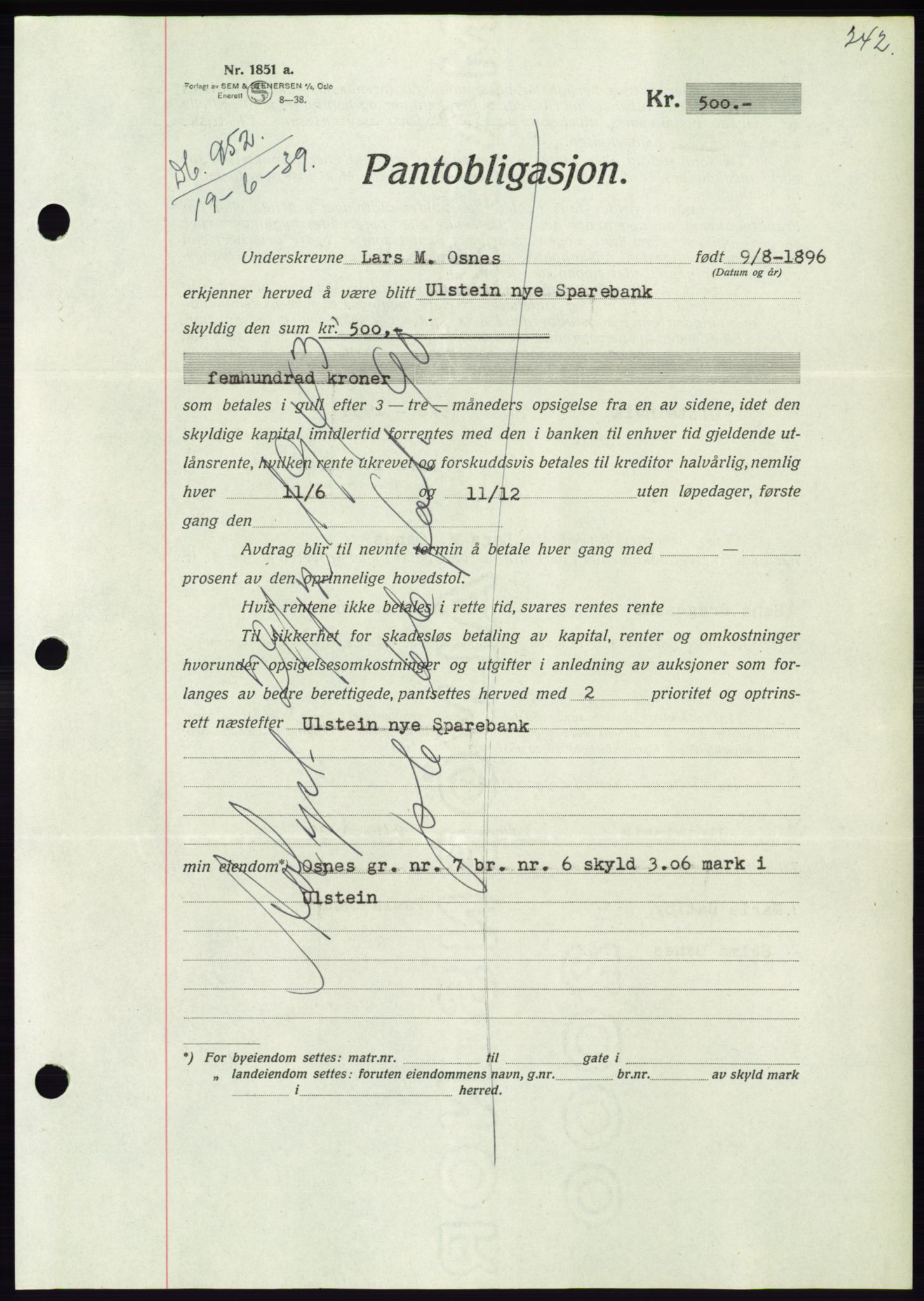 Søre Sunnmøre sorenskriveri, AV/SAT-A-4122/1/2/2C/L0068: Mortgage book no. 62, 1939-1939, Diary no: : 952/1939