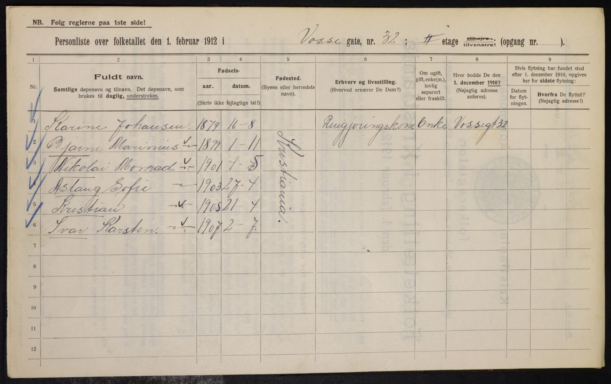 OBA, Municipal Census 1912 for Kristiania, 1912, p. 125518