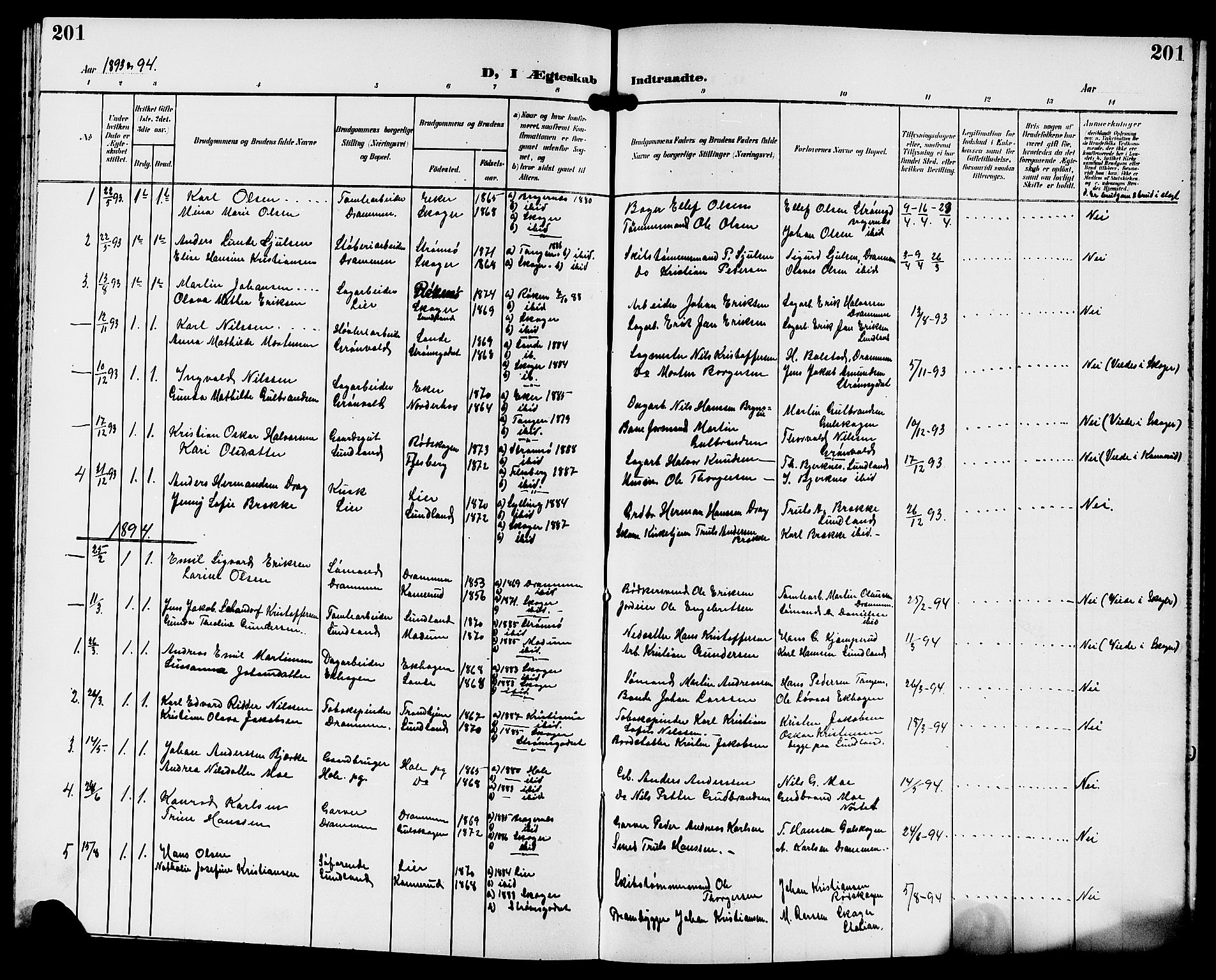 Strømsgodset kirkebøker, SAKO/A-324/G/Ga/L0002: Parish register (copy) no. 2, 1885-1910, p. 201