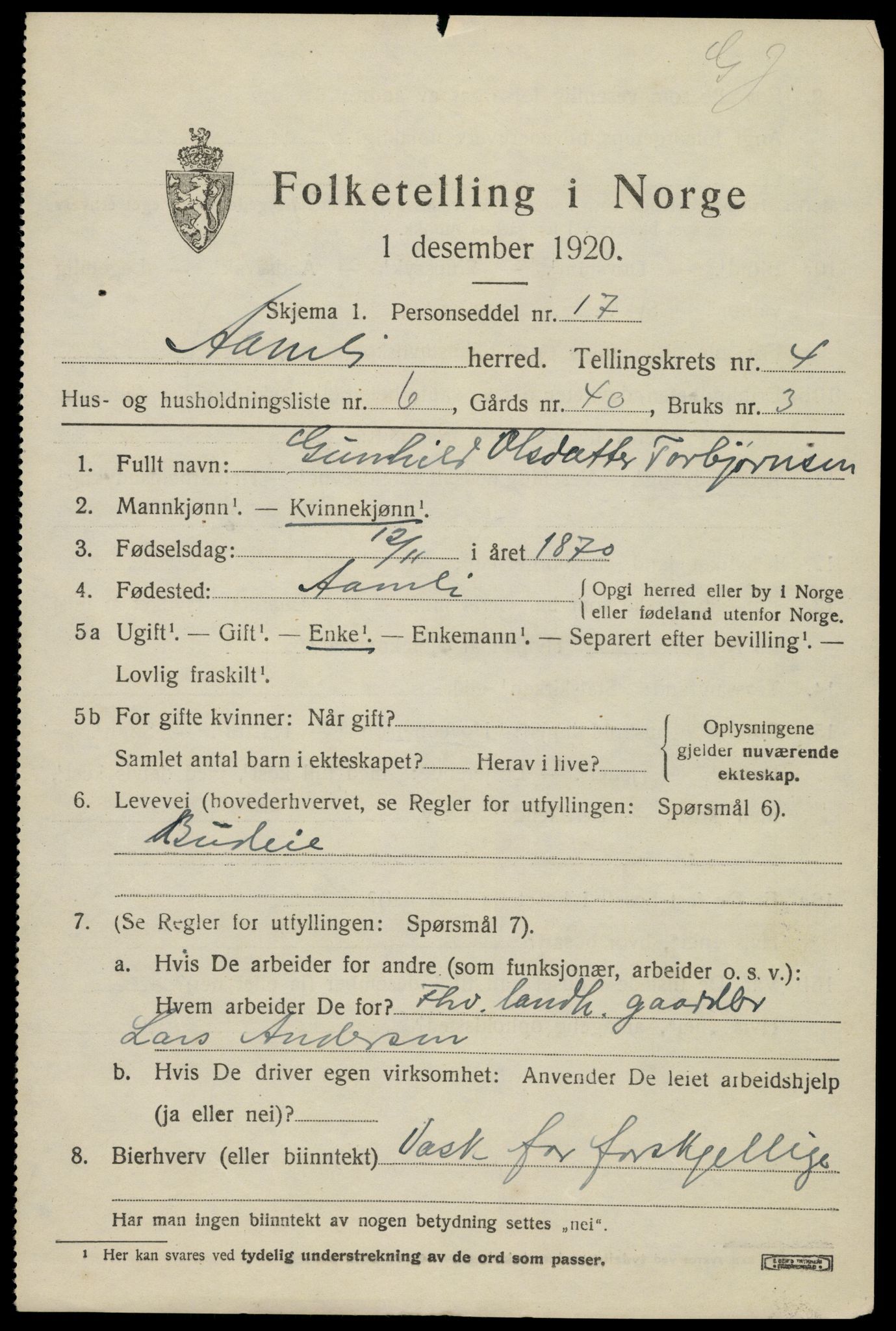 SAK, 1920 census for Åmli, 1920, p. 1949