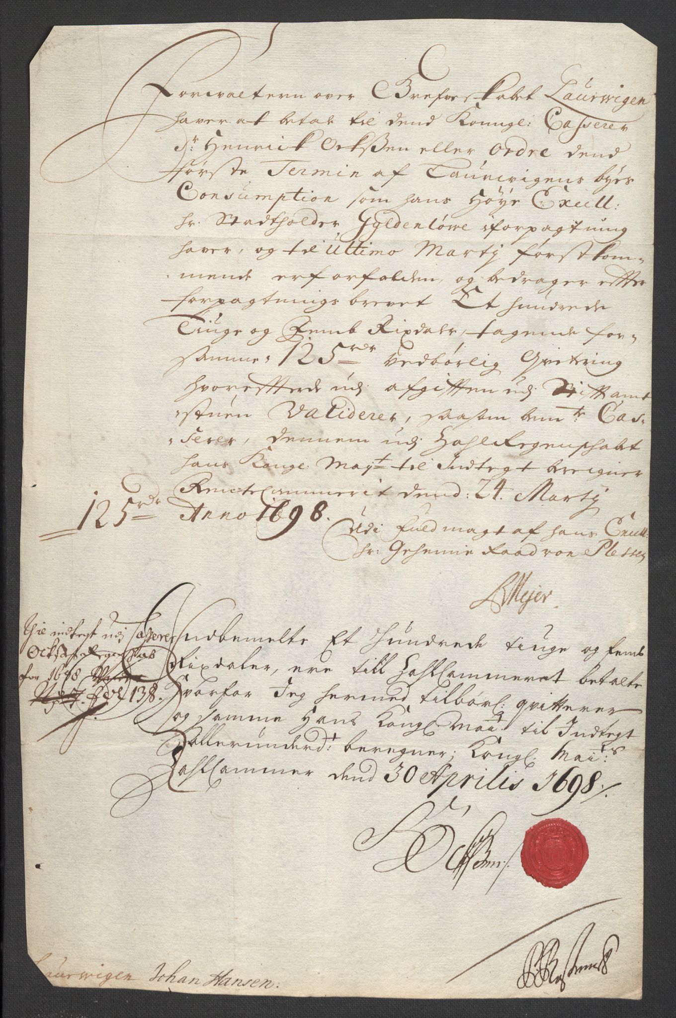 Rentekammeret inntil 1814, Reviderte regnskaper, Fogderegnskap, AV/RA-EA-4092/R33/L1976: Fogderegnskap Larvik grevskap, 1698-1701, p. 83