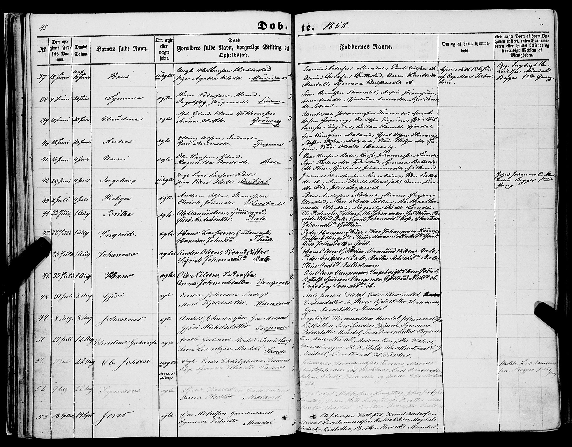 Balestrand sokneprestembete, AV/SAB-A-79601/H/Haa/Haaa/L0002: Parish register (official) no. A 2, 1847-1866, p. 45