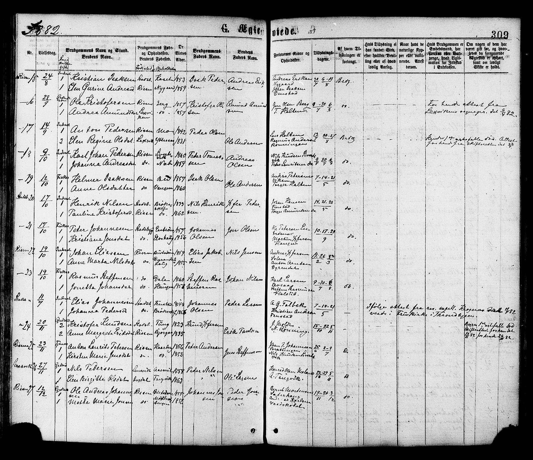 Ministerialprotokoller, klokkerbøker og fødselsregistre - Sør-Trøndelag, SAT/A-1456/646/L0613: Parish register (official) no. 646A11, 1870-1884, p. 309