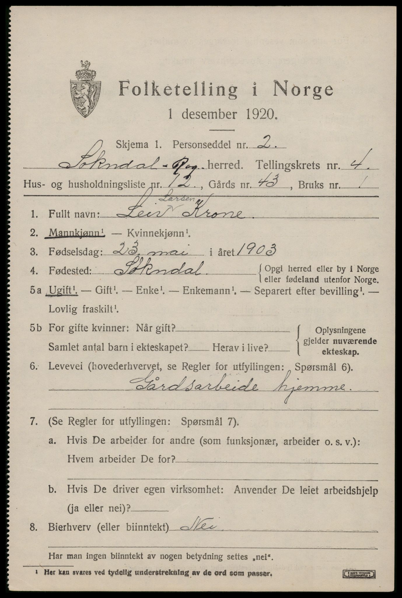 SAST, 1920 census for Sokndal, 1920, p. 2985