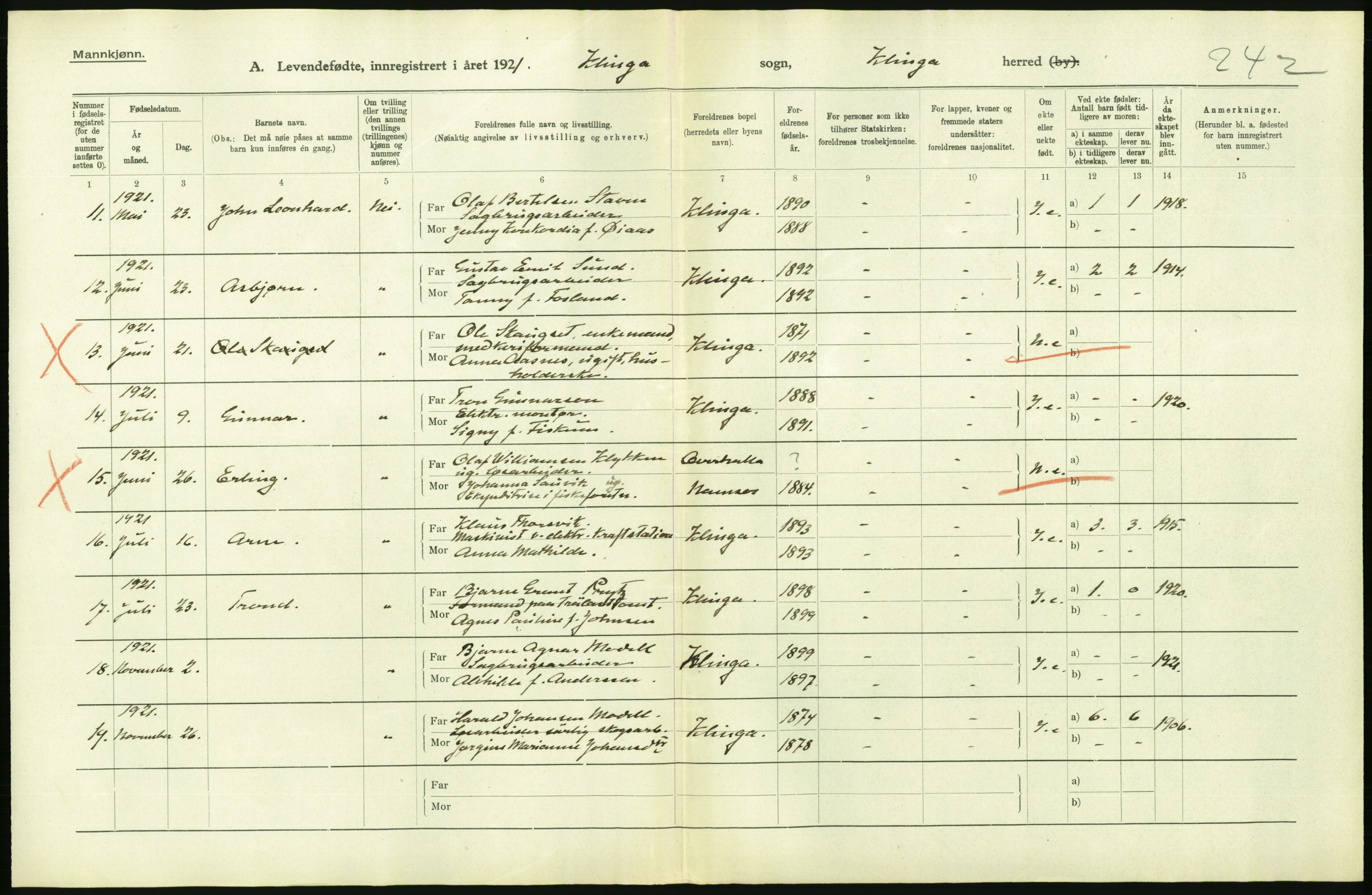 Statistisk sentralbyrå, Sosiodemografiske emner, Befolkning, AV/RA-S-2228/D/Df/Dfc/Dfca/L0047: N. Trøndelag fylke: Levendefødte menn og kvinner. Bygder og byer., 1921, p. 264