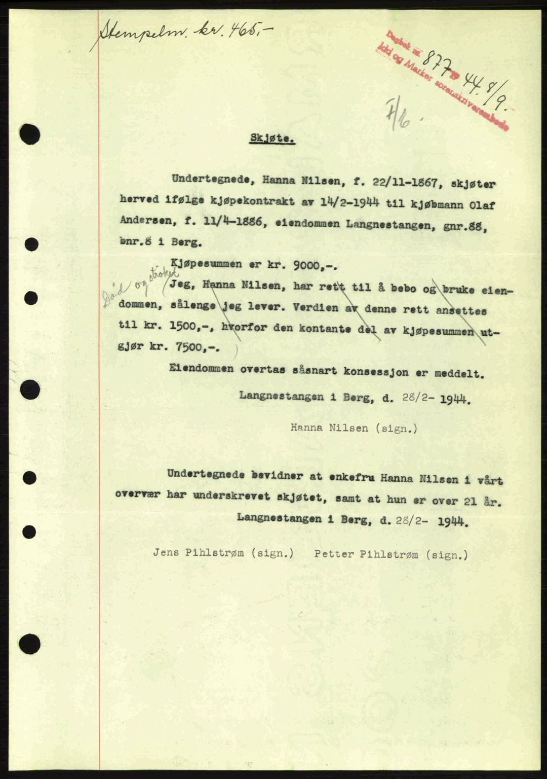 Idd og Marker sorenskriveri, AV/SAO-A-10283/G/Gb/Gbb/L0007: Mortgage book no. A7, 1944-1945, Diary no: : 877/1944