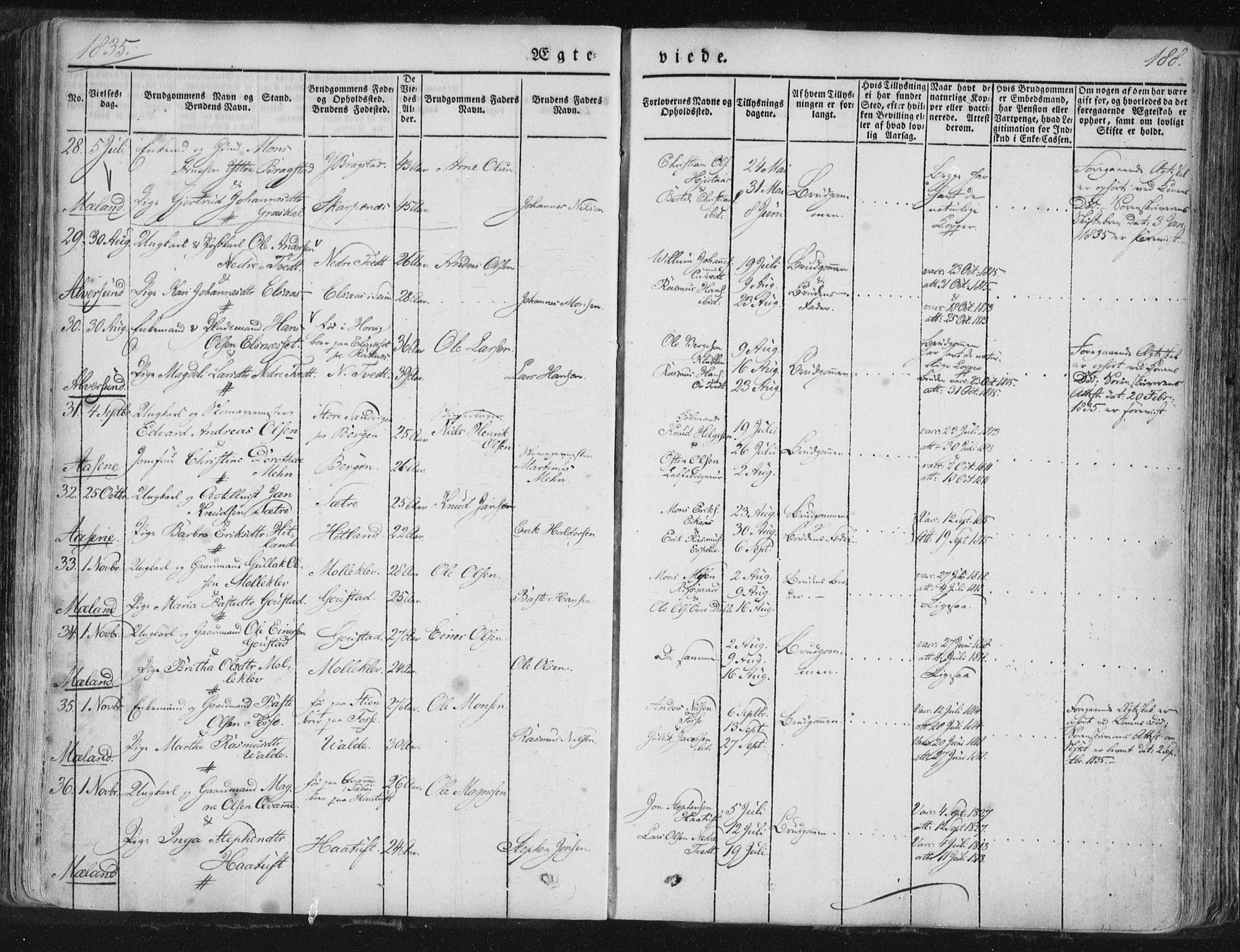 Hamre sokneprestembete, SAB/A-75501/H/Ha/Haa/Haaa/L0012: Parish register (official) no. A 12, 1834-1845, p. 188
