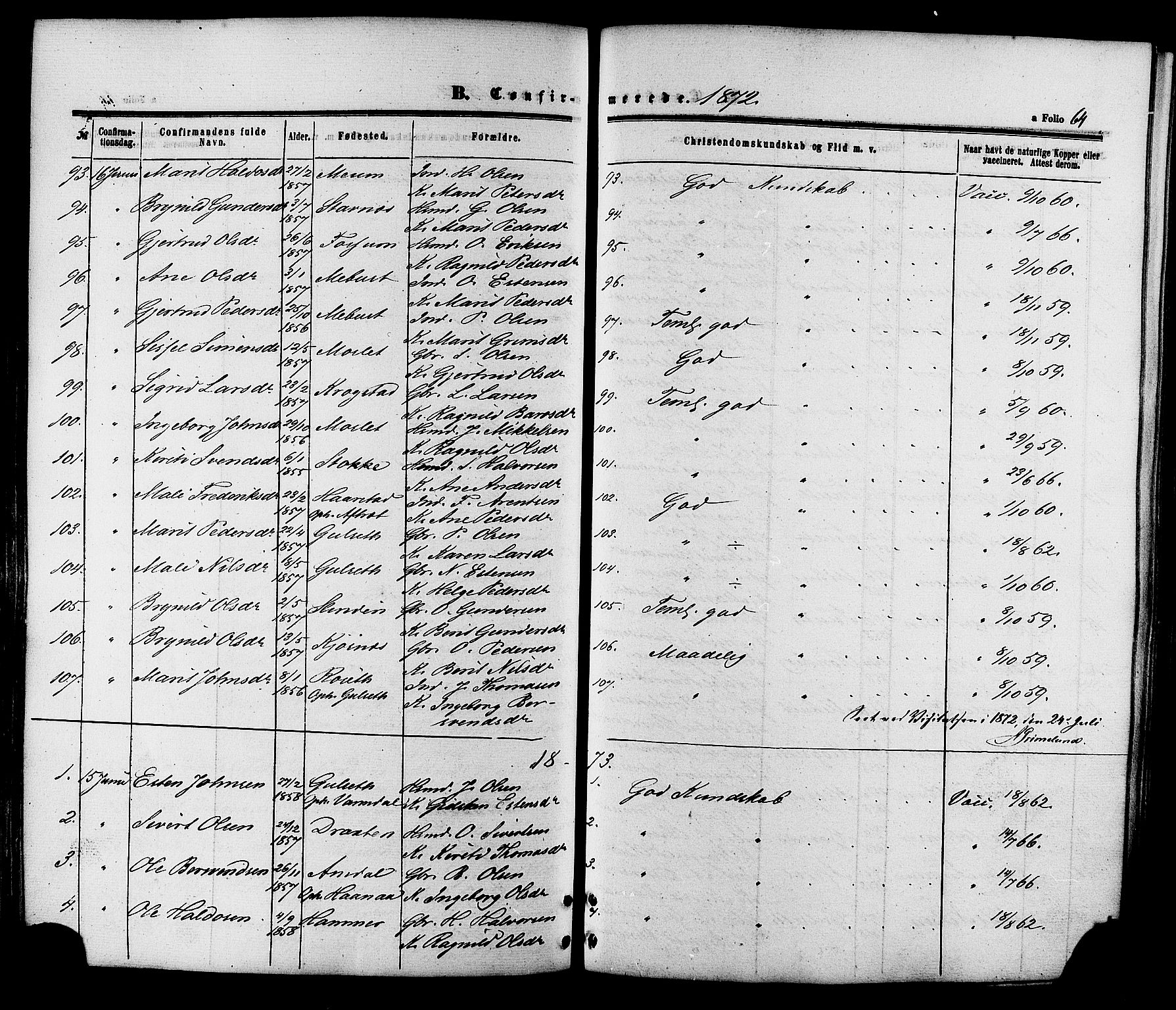 Ministerialprotokoller, klokkerbøker og fødselsregistre - Sør-Trøndelag, SAT/A-1456/695/L1147: Parish register (official) no. 695A07, 1860-1877, p. 64