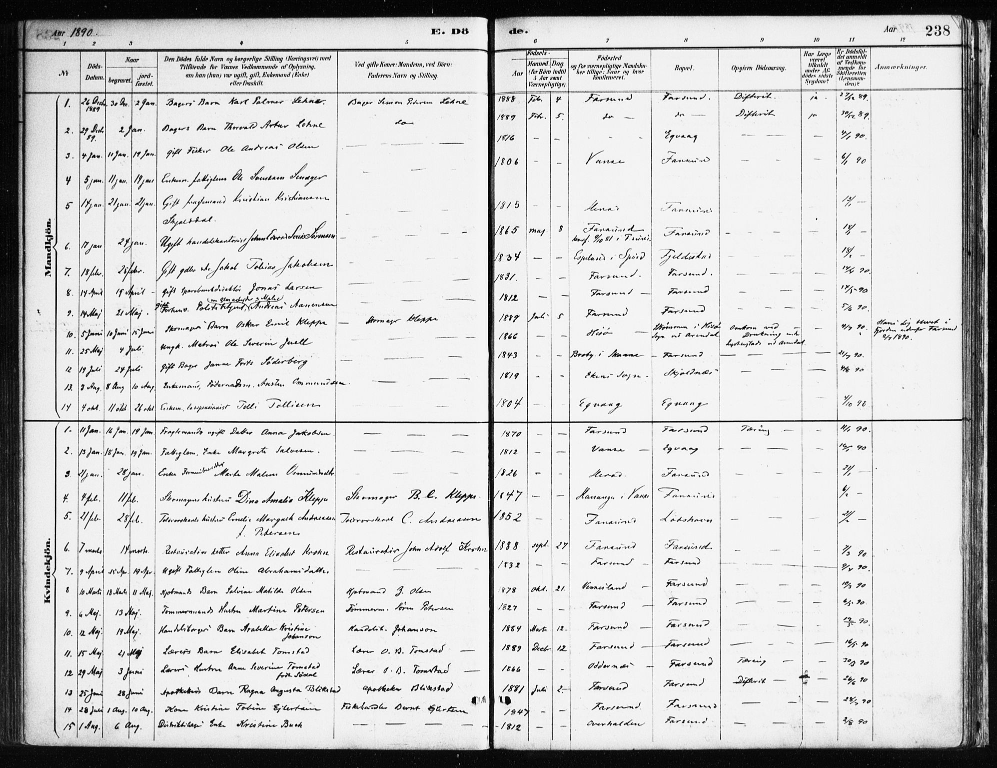Farsund sokneprestkontor, AV/SAK-1111-0009/F/Fa/L0006: Parish register (official) no. A 6, 1887-1920, p. 238