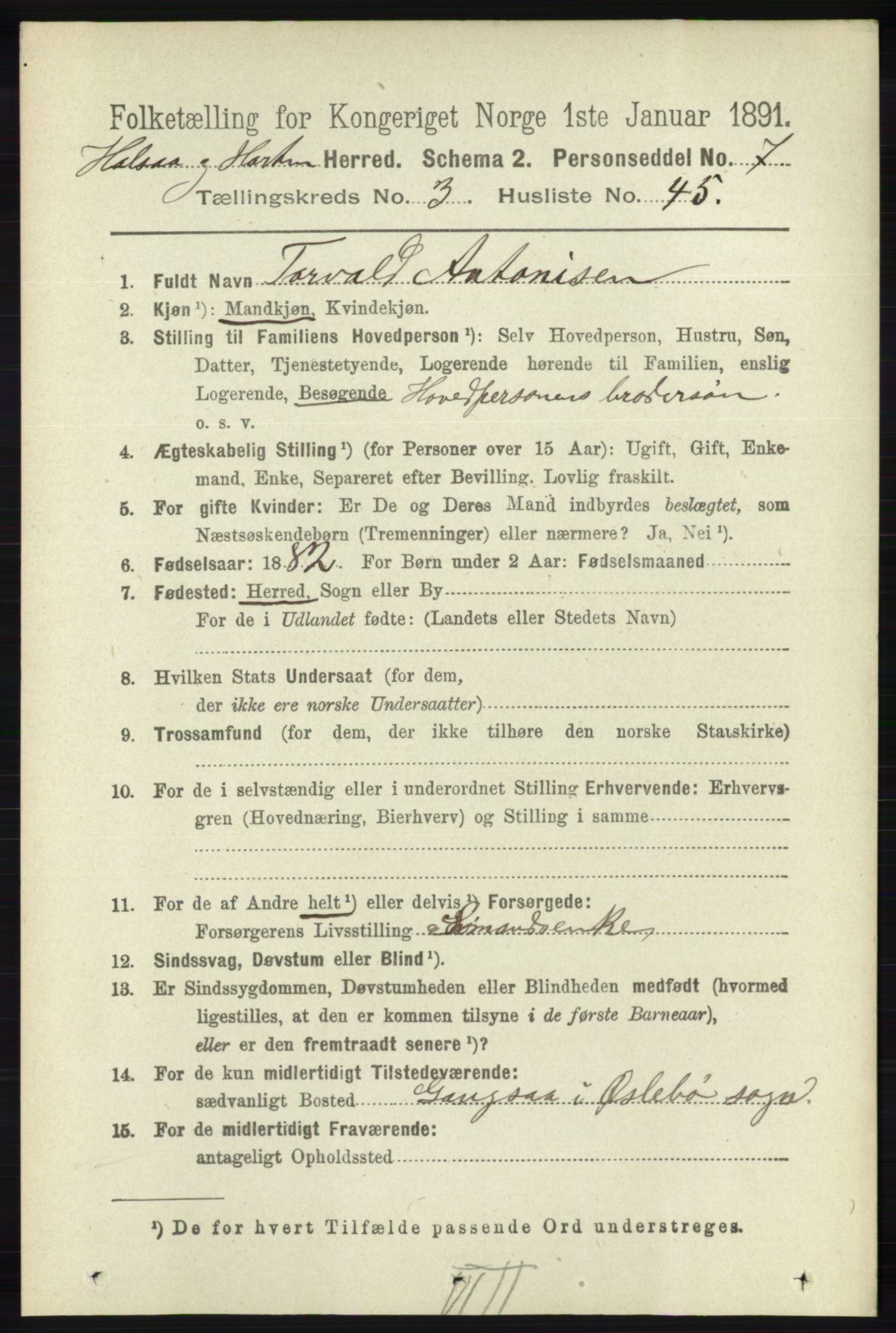 RA, 1891 census for 1019 Halse og Harkmark, 1891, p. 1215