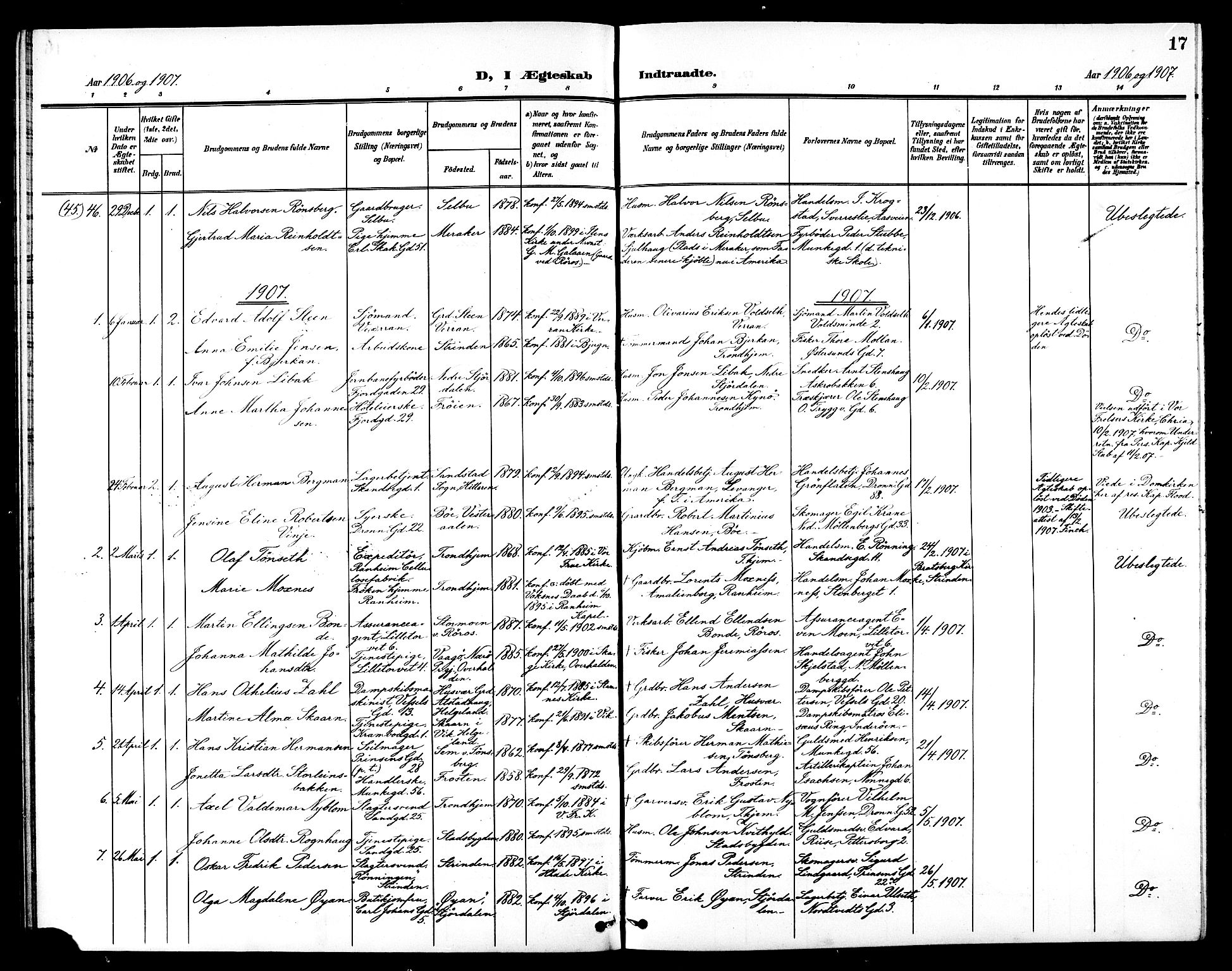 Ministerialprotokoller, klokkerbøker og fødselsregistre - Sør-Trøndelag, SAT/A-1456/602/L0145: Parish register (copy) no. 602C13, 1902-1919, p. 17
