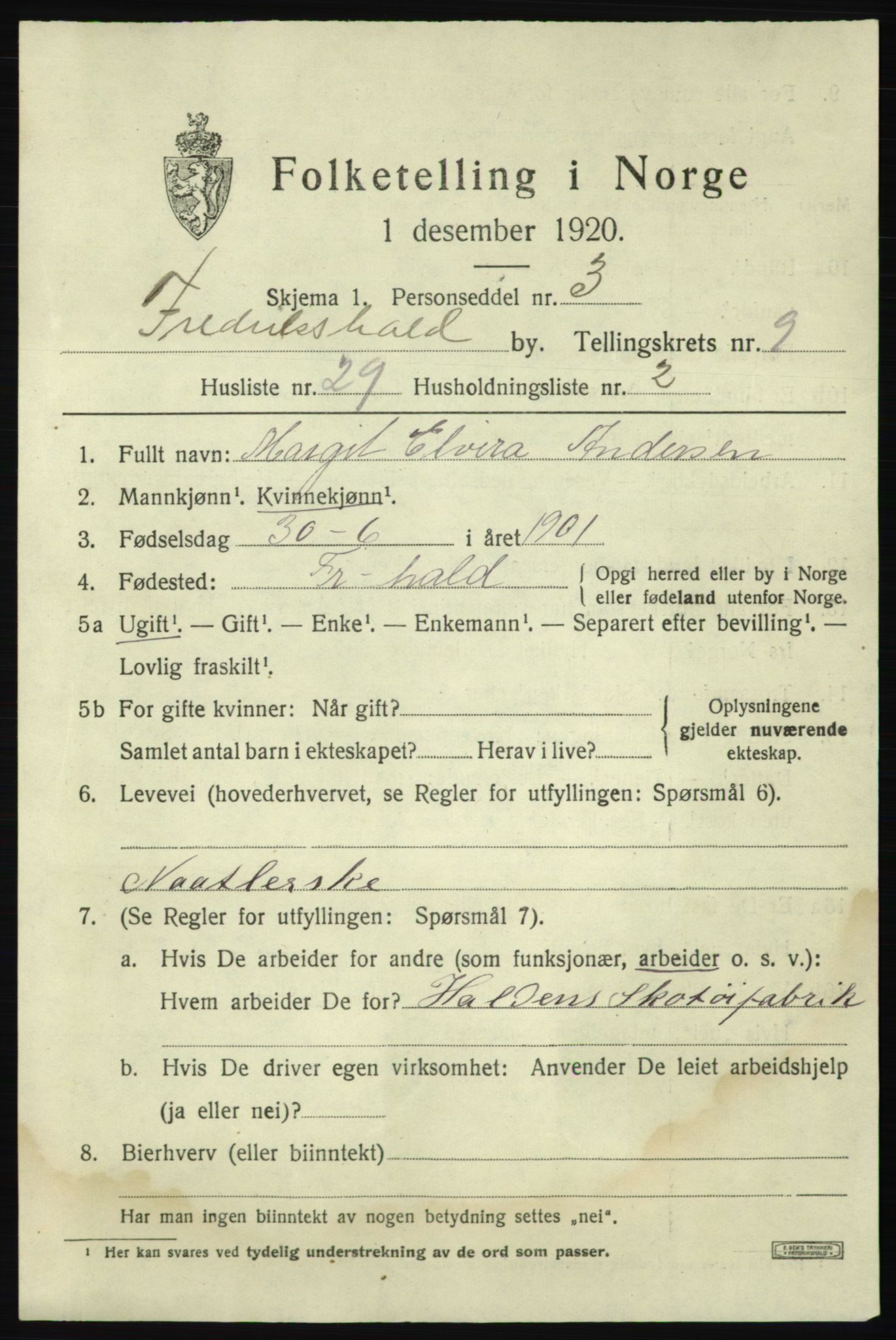 SAO, 1920 census for Fredrikshald, 1920, p. 16483