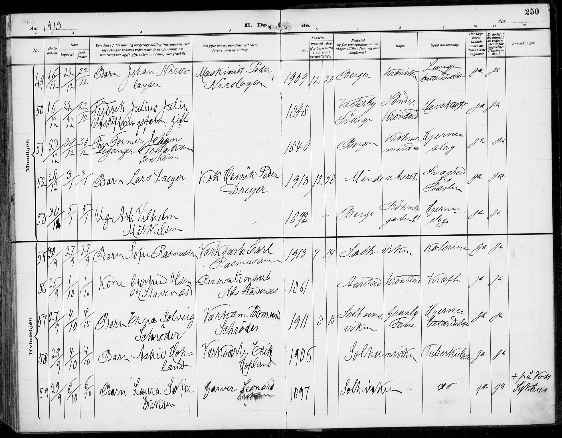 Årstad Sokneprestembete, AV/SAB-A-79301/H/Haa/L0009: Parish register (official) no. C 1, 1902-1918, p. 250