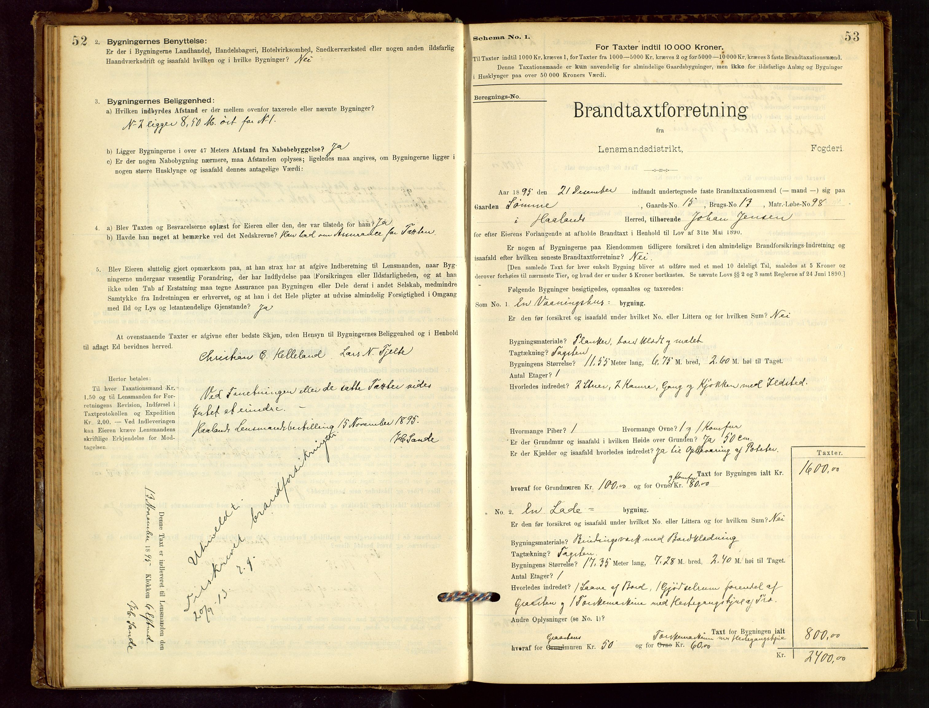 Håland lensmannskontor, AV/SAST-A-100100/Gob/L0001: Branntakstprotokoll - skjematakst. Register i boken., 1894-1902, p. 52-53