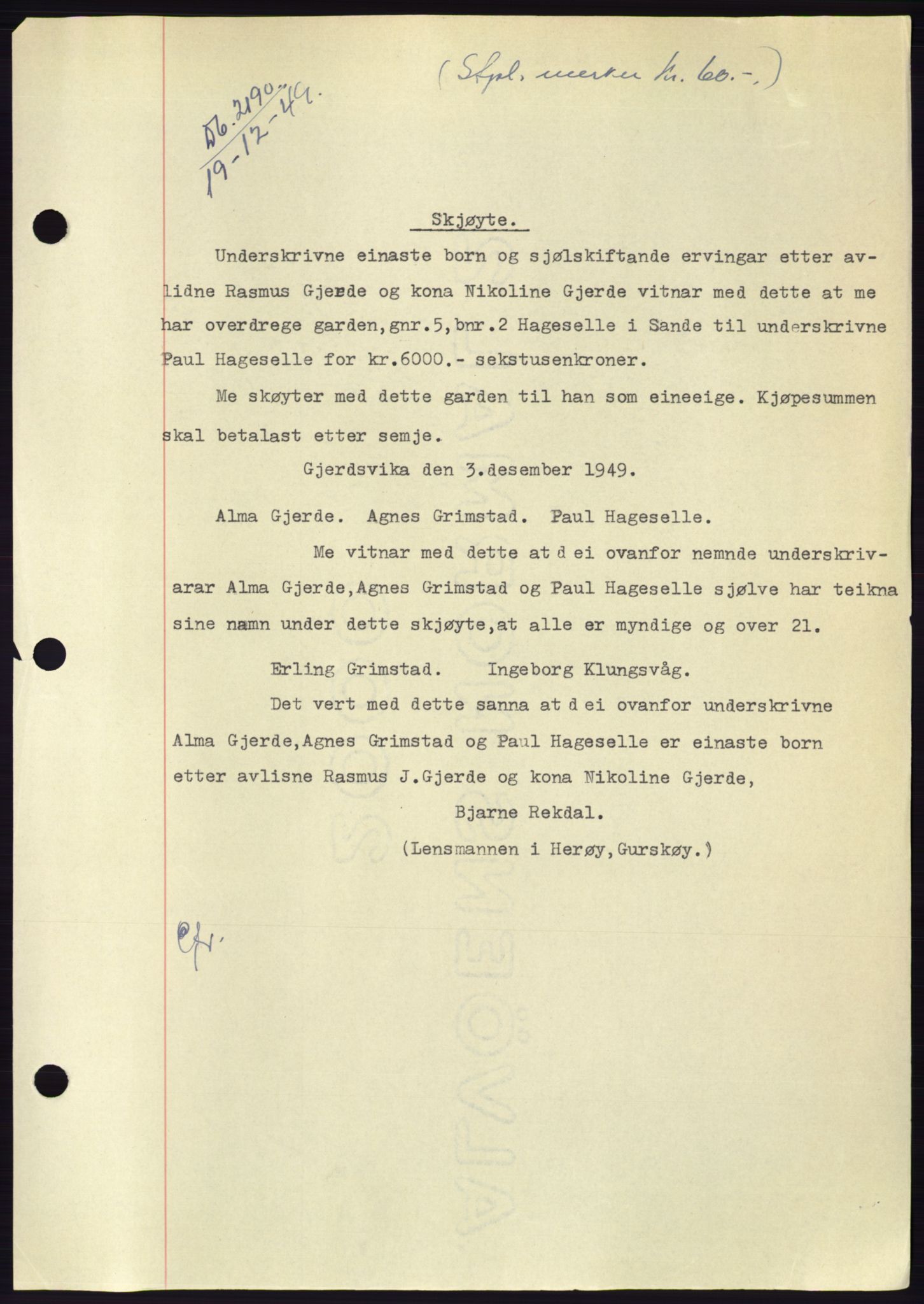 Søre Sunnmøre sorenskriveri, AV/SAT-A-4122/1/2/2C/L0085: Mortgage book no. 11A, 1949-1949, Diary no: : 2190/1949