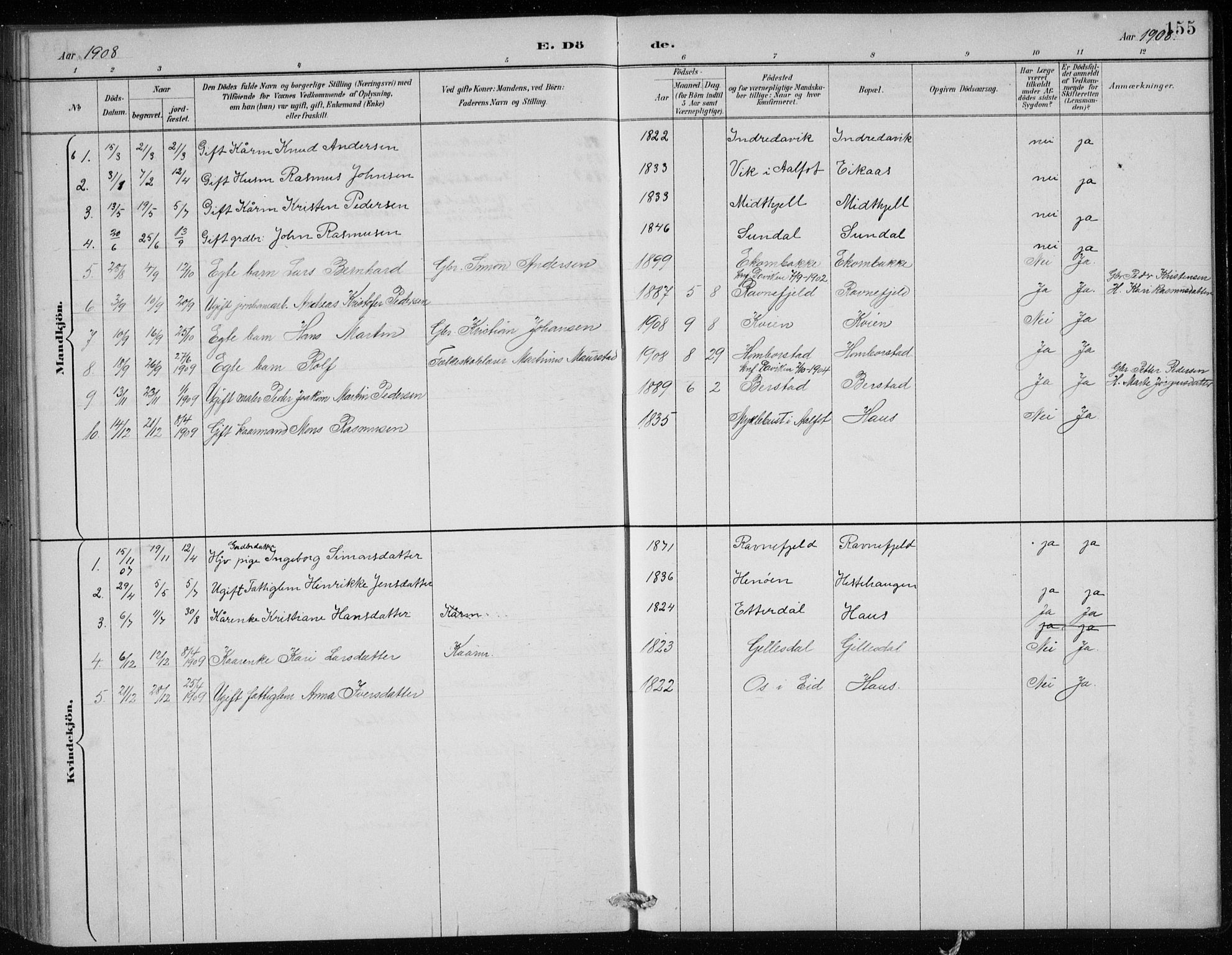 Davik sokneprestembete, AV/SAB-A-79701/H/Hab/Haba/L0002: Parish register (copy) no. A 2, 1890-1911, p. 155