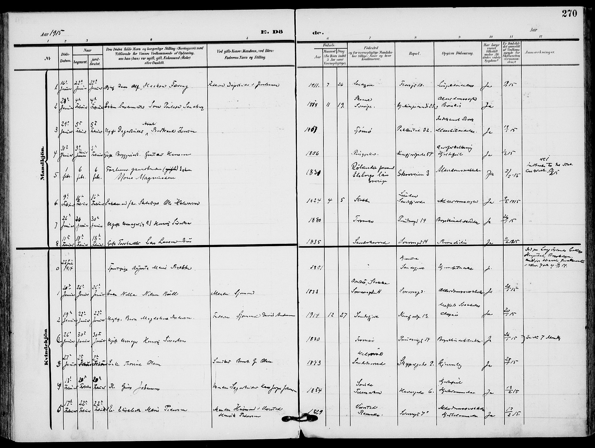 Sandefjord kirkebøker, SAKO/A-315/F/Fa/L0005: Parish register (official) no. 5, 1906-1915, p. 270