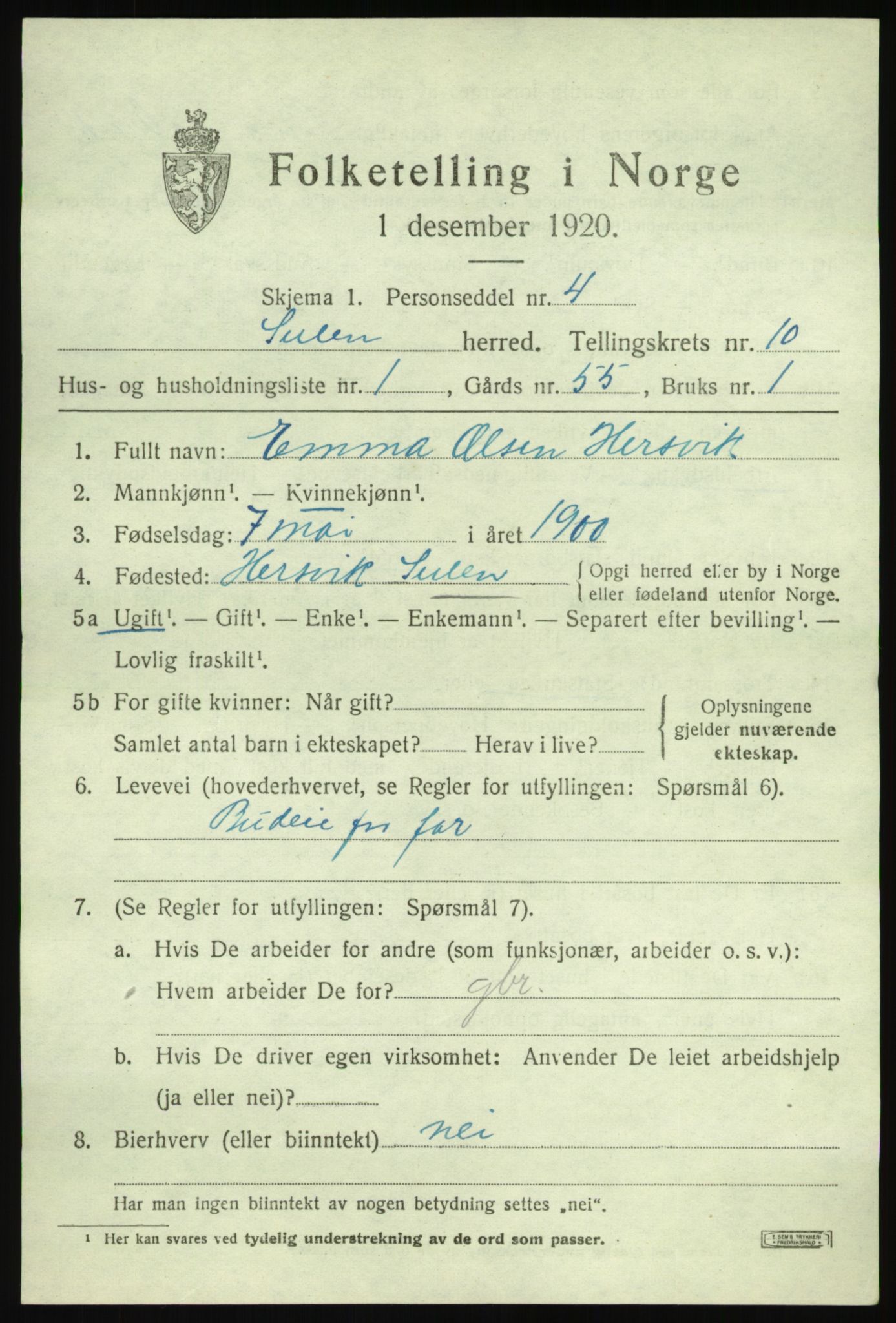 SAB, 1920 census for Solund, 1920, p. 3412