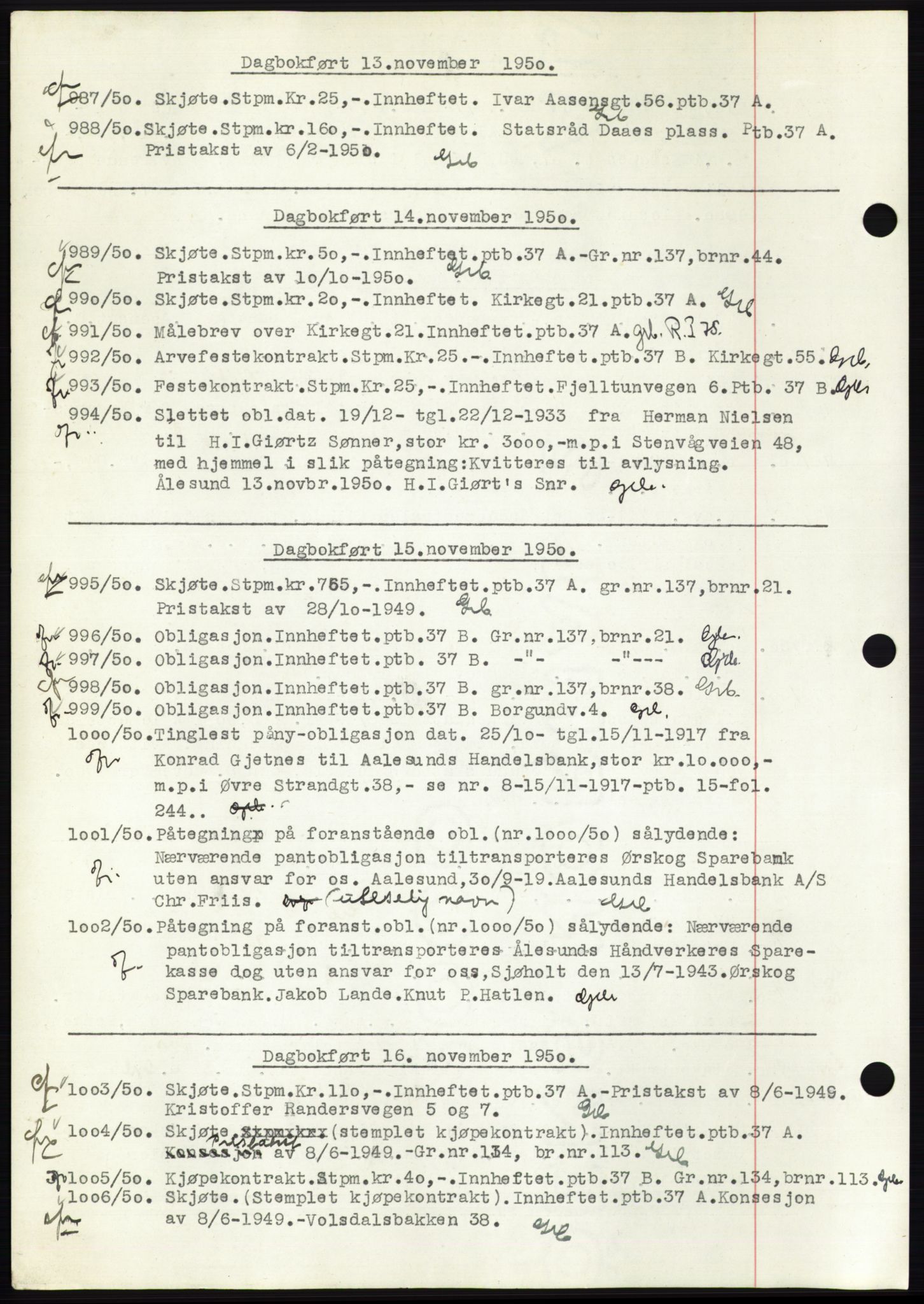 Ålesund byfogd, AV/SAT-A-4384: Mortgage book no. C37, 1950-1951, Diary no: : 987/1950