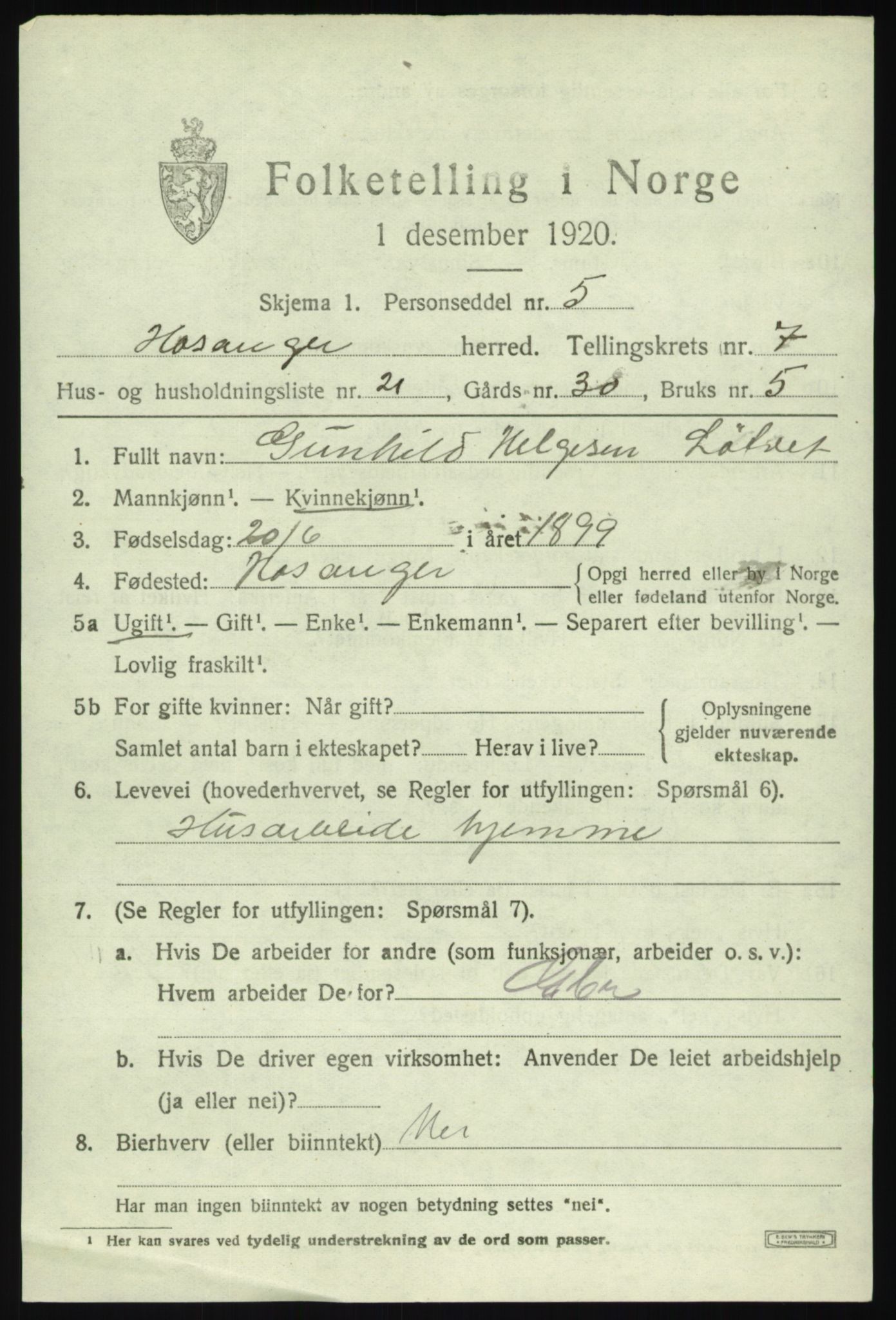 SAB, 1920 census for Hosanger, 1920, p. 3341