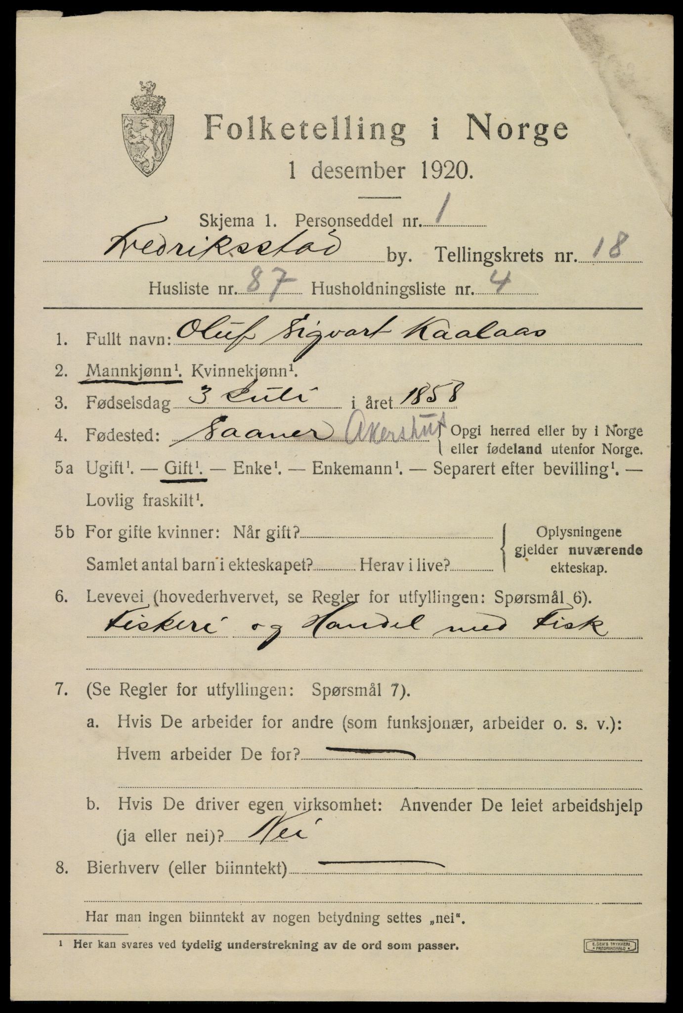 SAO, 1920 census for Fredrikstad, 1920, p. 43011