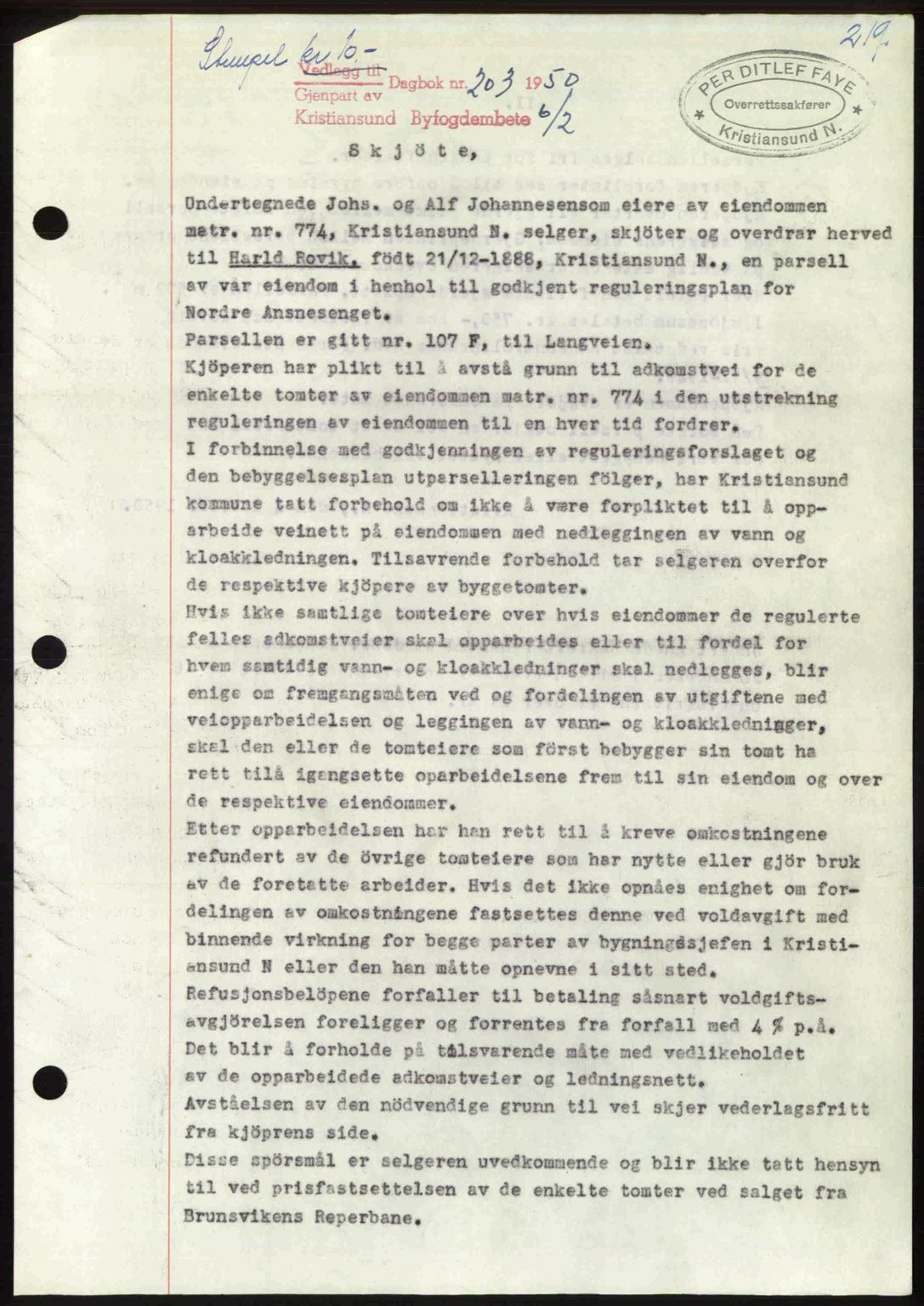 Kristiansund byfogd, AV/SAT-A-4587/A/27: Mortgage book no. 46, 1949-1950, Diary no: : 203/1950
