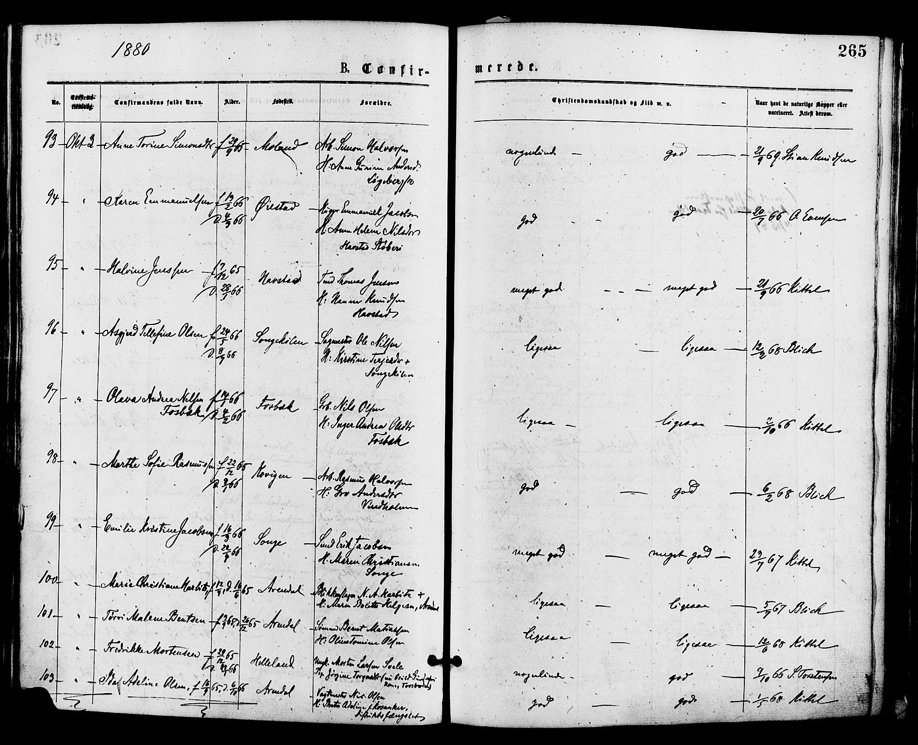 Barbu sokneprestkontor, AV/SAK-1111-0003/F/Fa/L0001: Parish register (official) no. A 1 /1, 1878-1883, p. 265