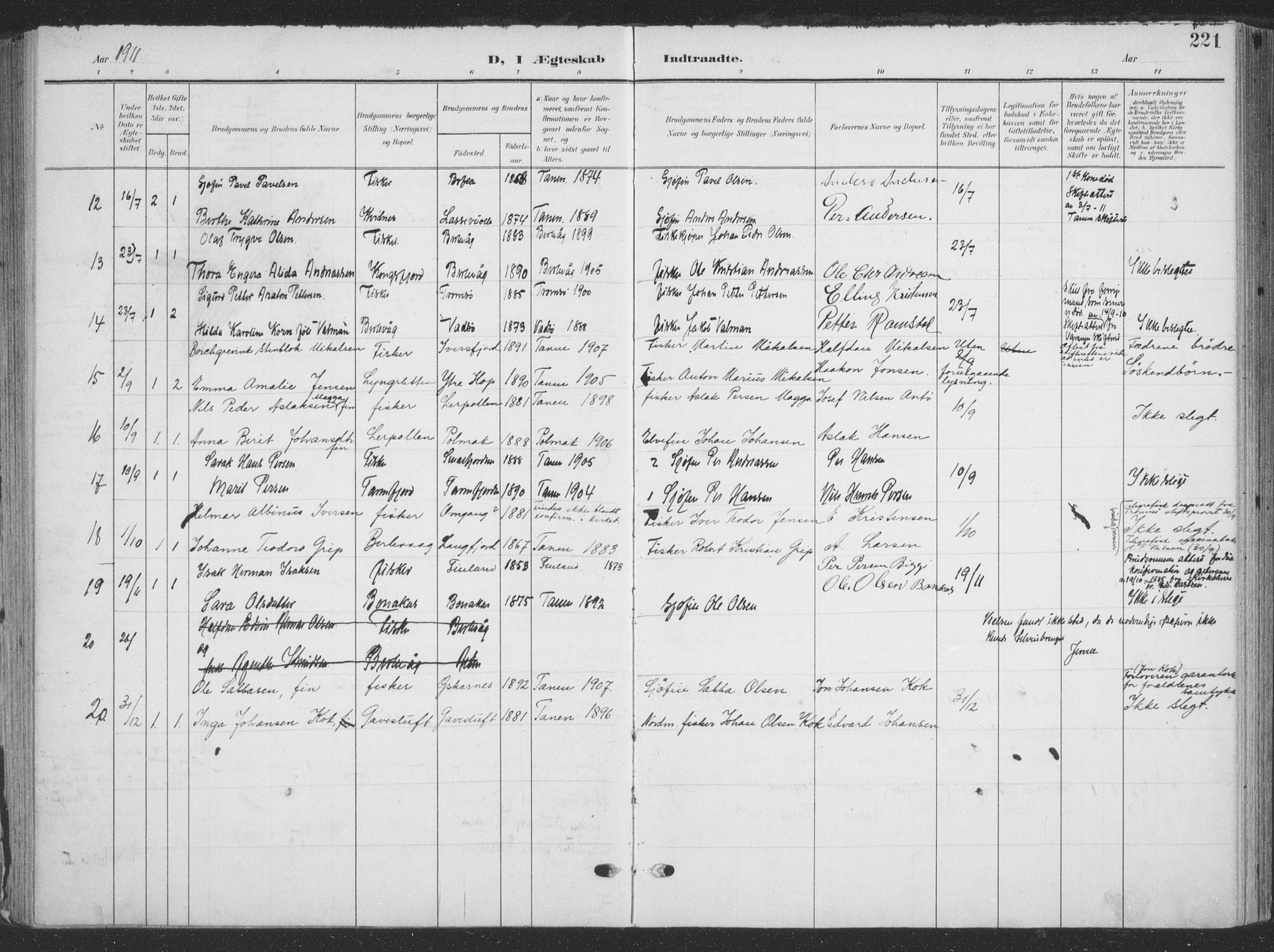 Tana sokneprestkontor, SATØ/S-1334/H/Ha/L0007kirke: Parish register (official) no. 7, 1904-1918, p. 221