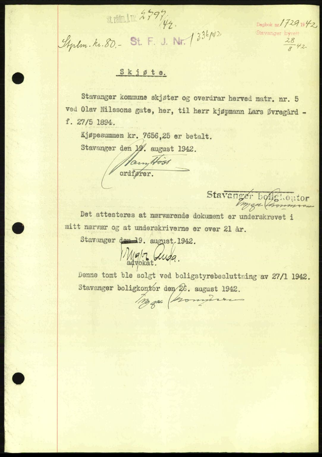 Stavanger byrett, SAST/A-100455/002/G/Gb/L0017: Mortgage book no. A7, 1941-1943, Diary no: : 1729/1942